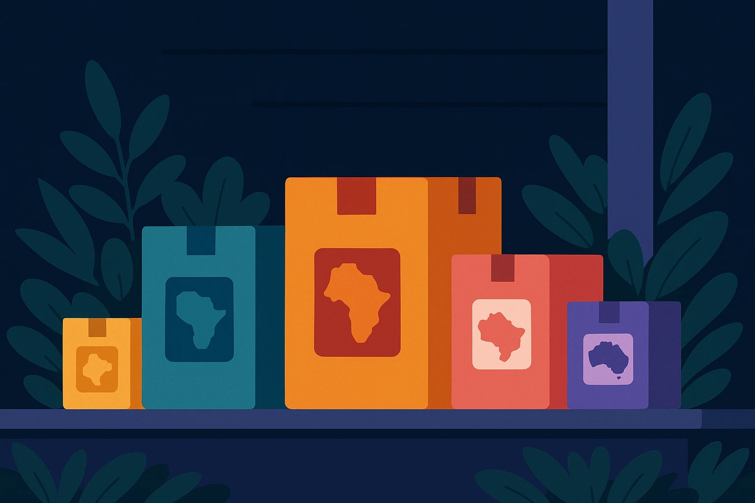 A row of colorful package delivery boxes on a porch, each with a distinct regional label, surrounded by lush greenery, representing diverse markets and strategic logistics in e-commerce.