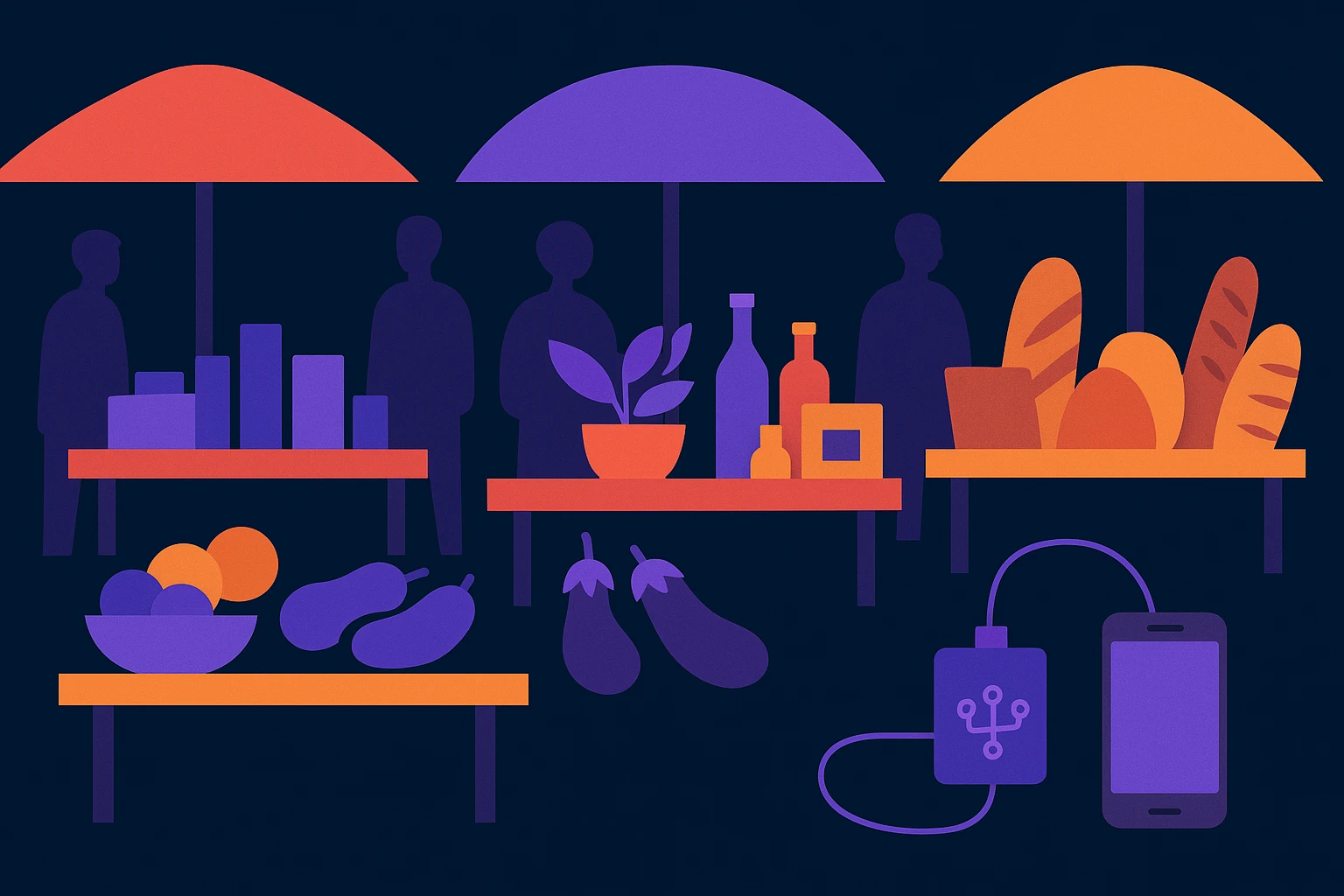 A bustling marketplace scene with various product displays under colorful umbrellas. Tables are lined with diverse goods, and discreetly among them, a small device labeled 