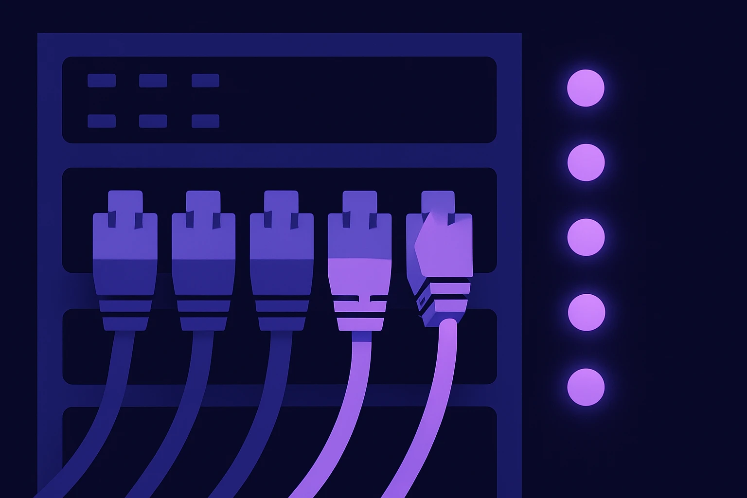 A close-up of various network cables connected to a high-performance server rack, with glowing LED indicators, symbolizing robust internet infrastructure for dedicated SEO proxies.