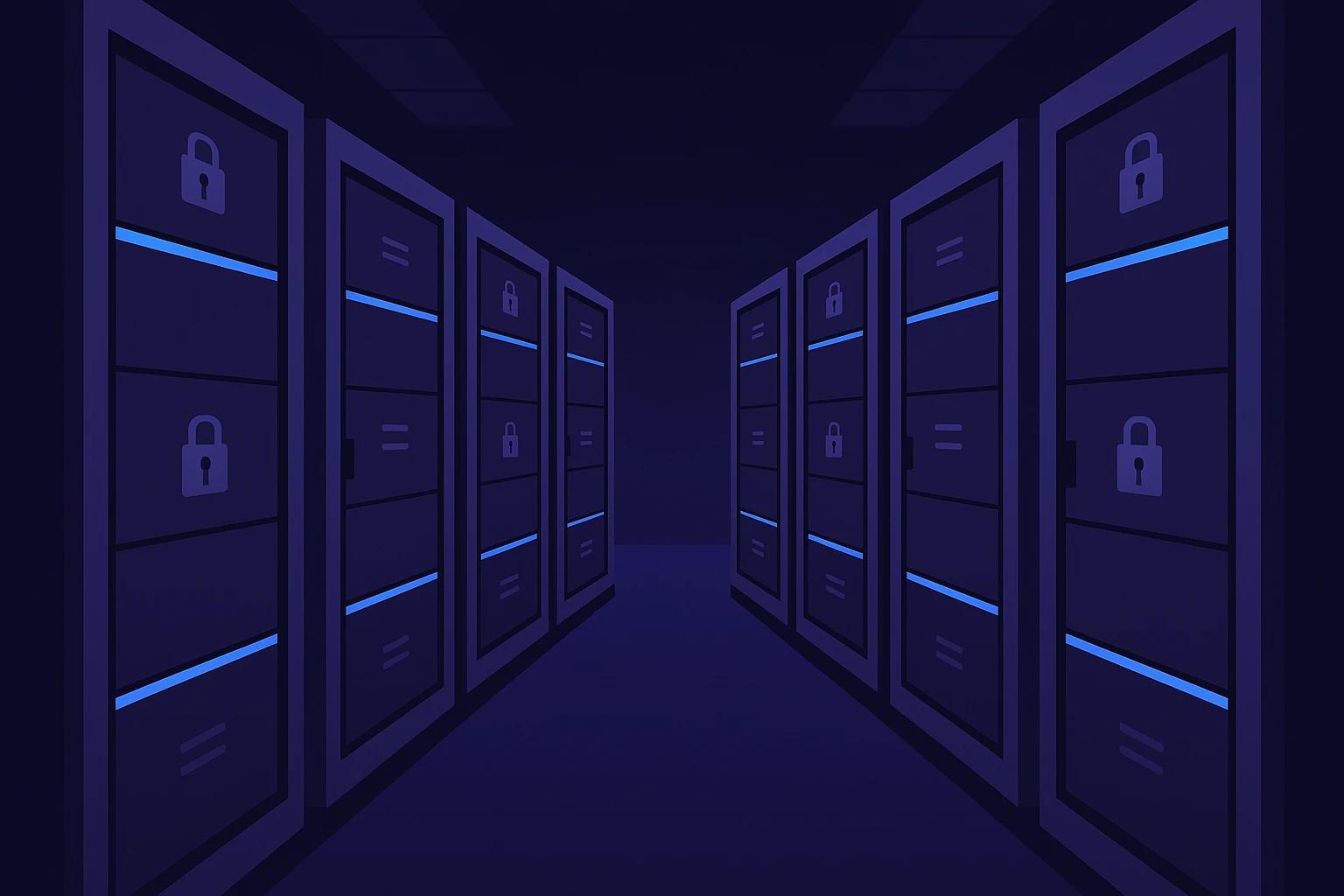 A sleek, modern server room with rows of dark, reflective servers, each equipped with small locked doors labeled 