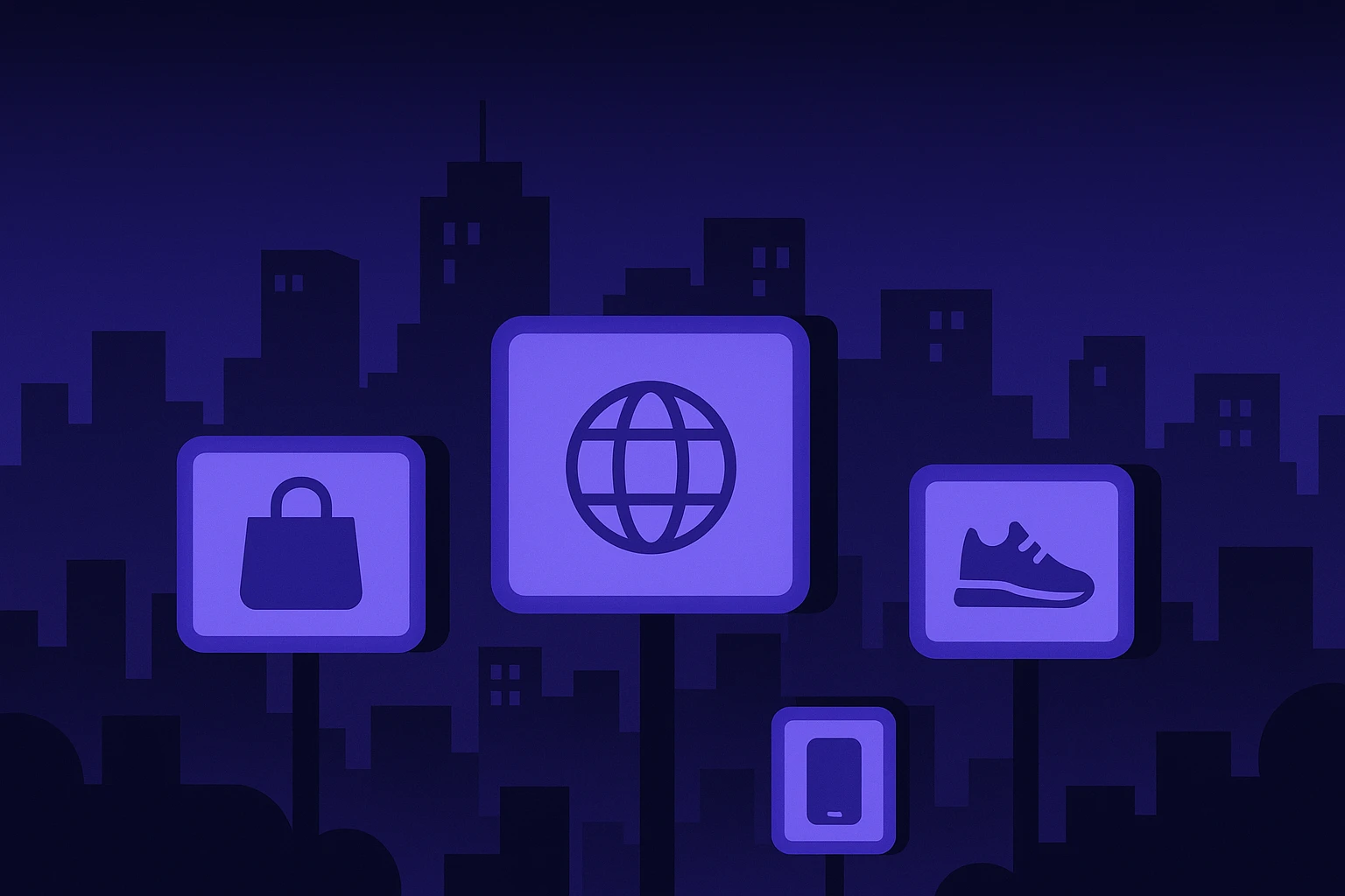 A cityscape at dusk with a series of billboards displaying different products, symbolizing global reach and connectivity through residential proxies.