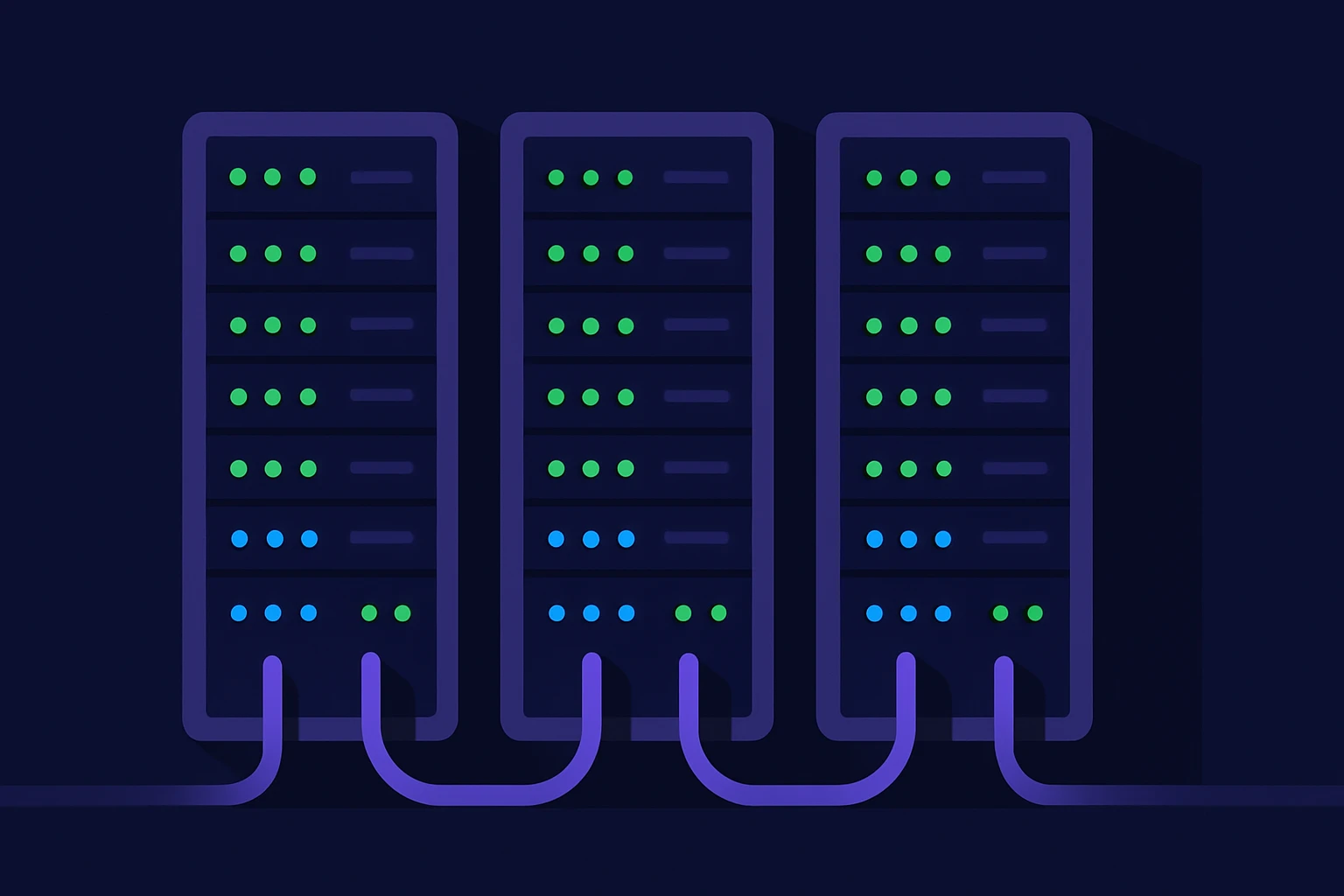 A network server room with rows of glowing green and blue lights on network equipment, symbolizing the connectivity and data-routing capabilities of residential proxies.