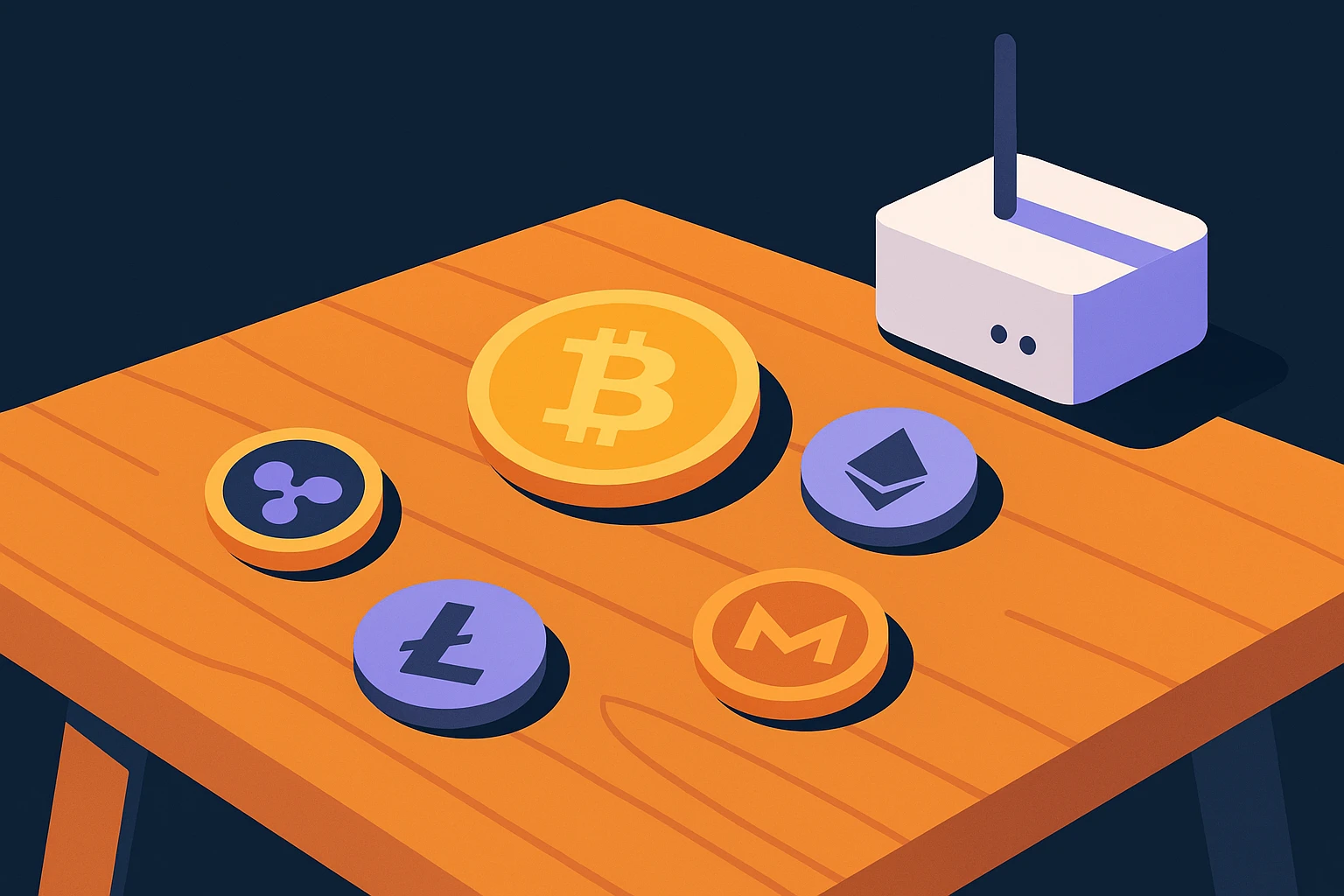 A cluster of cryptocurrency coins scattered across a wooden table, with a small router device nearby, symbolizing the use of a proxy for enhanced security in trading environments.