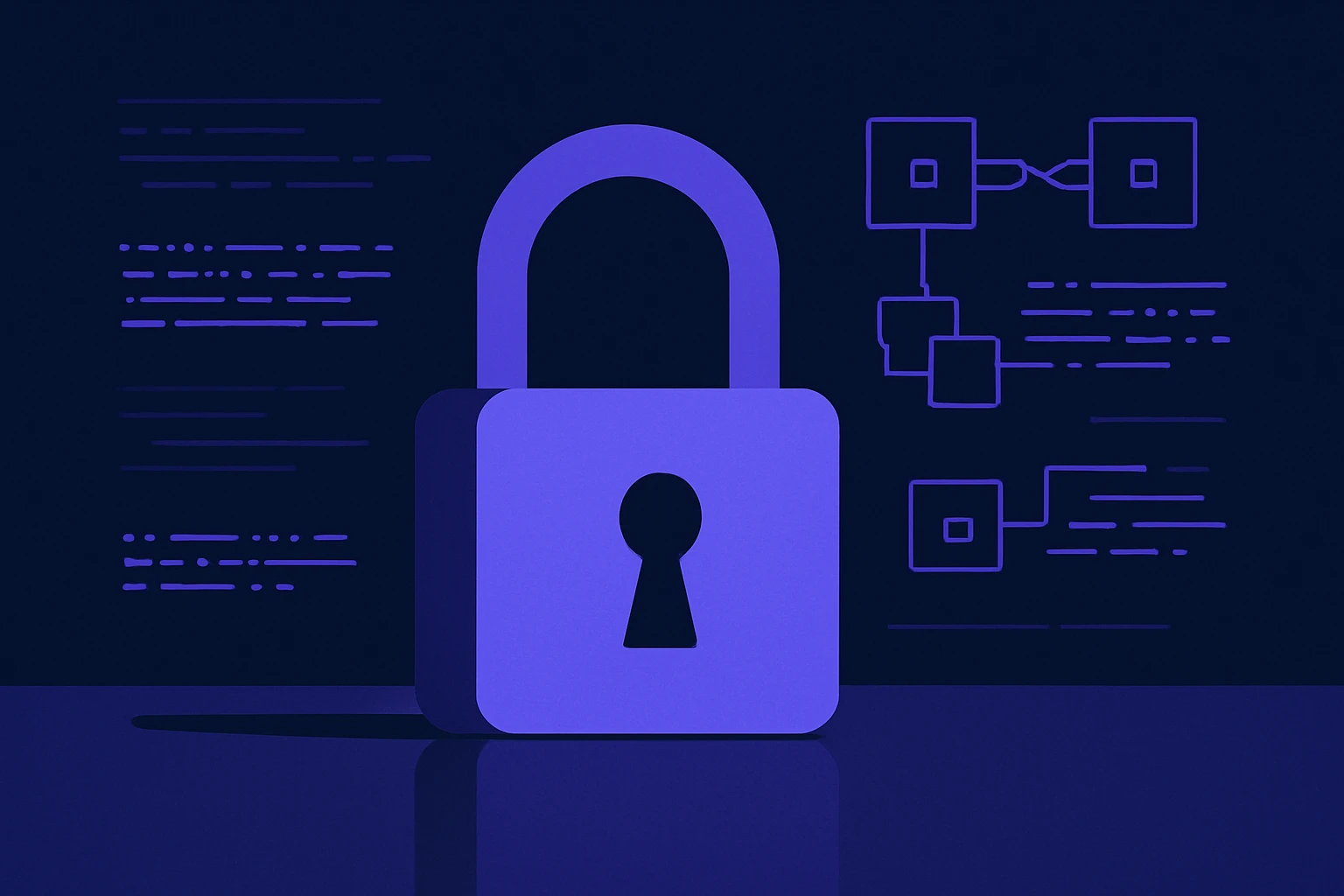 A close-up of a padlock resting on a reflective surface, with a holographic projection of blockchain symbols and encrypted data flowing in the background, representing security in crypto trading.
