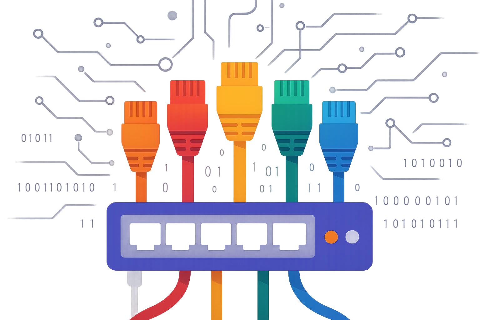 A close-up of a colorful network cable hub with various cables connected, set against a futuristic digital backdrop, symbolizing the role of proxies in enhancing internet privacy and performance.