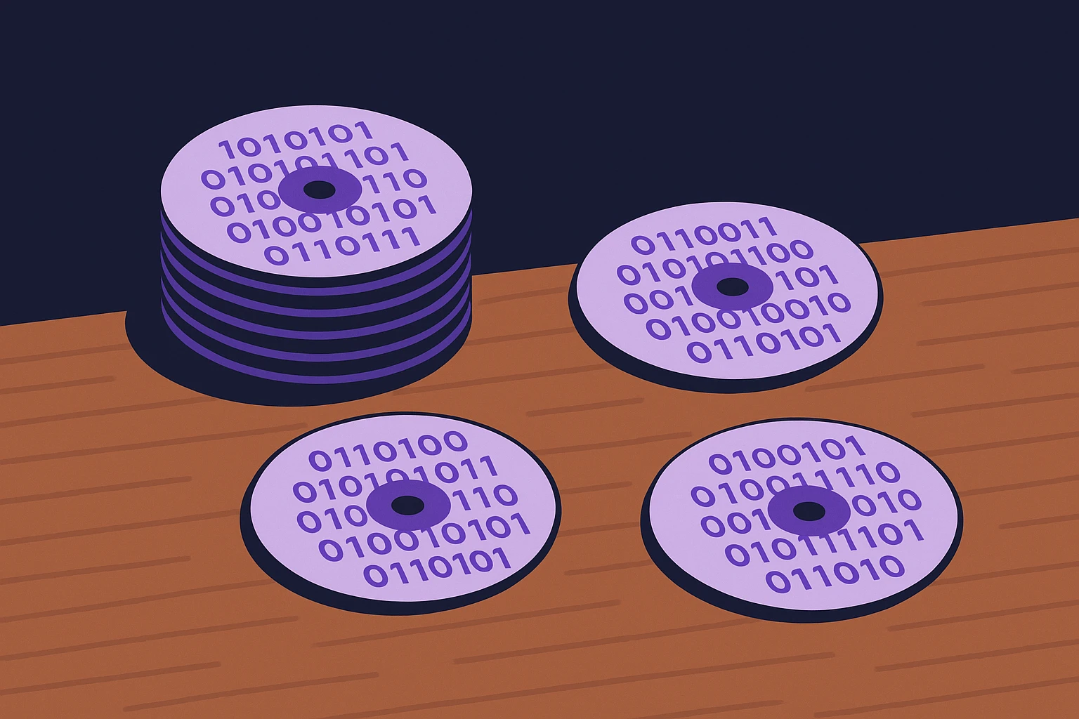 A stack of blank CDs with encrypted binary code visibly printed on their surfaces, scattered on a wooden table, symbolizing data protection and proxy functionality.