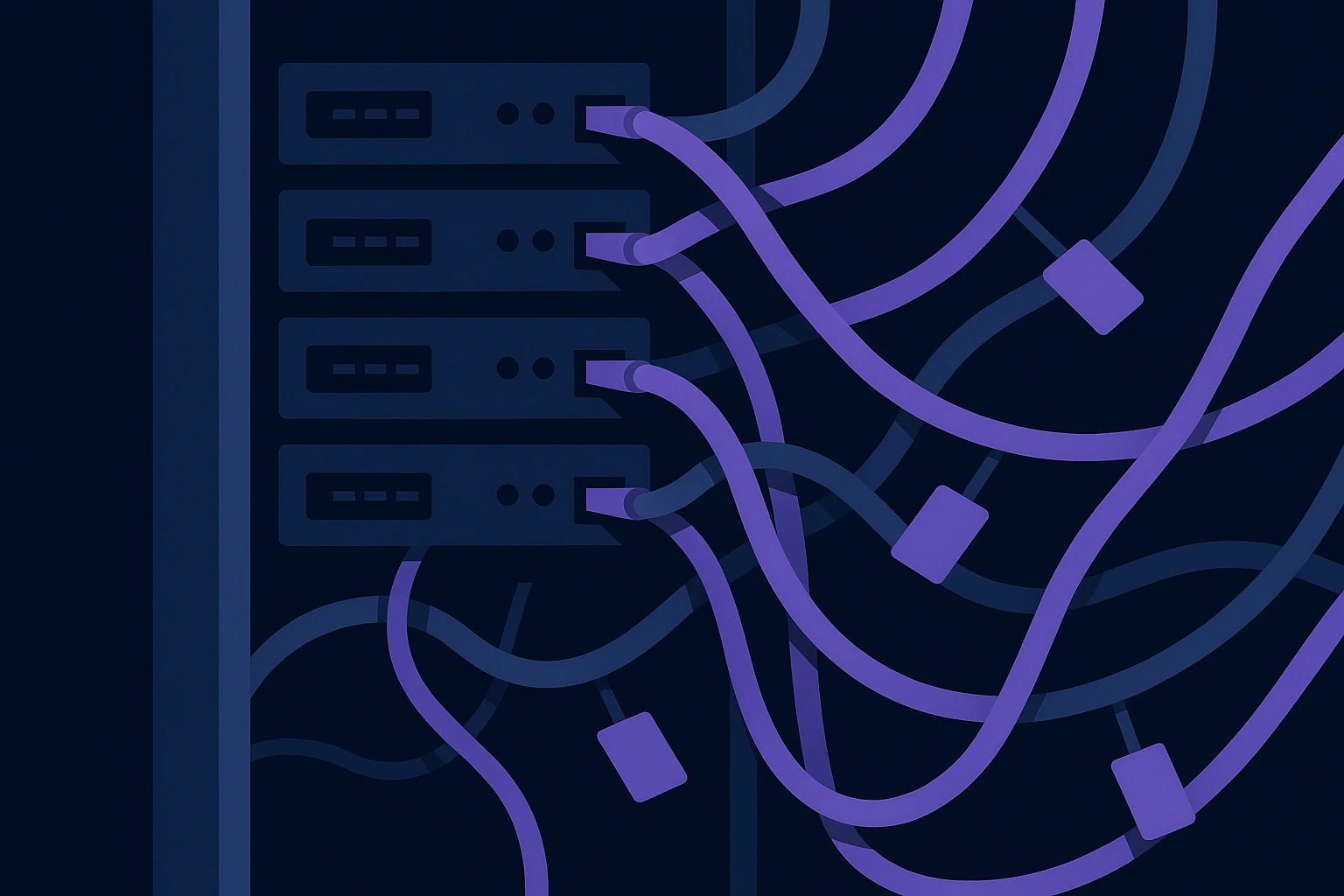 A close-up of interwoven network cables snaking through an open server rack, with small label tags denoting their function, set against the backdrop of a dimly lit data center.