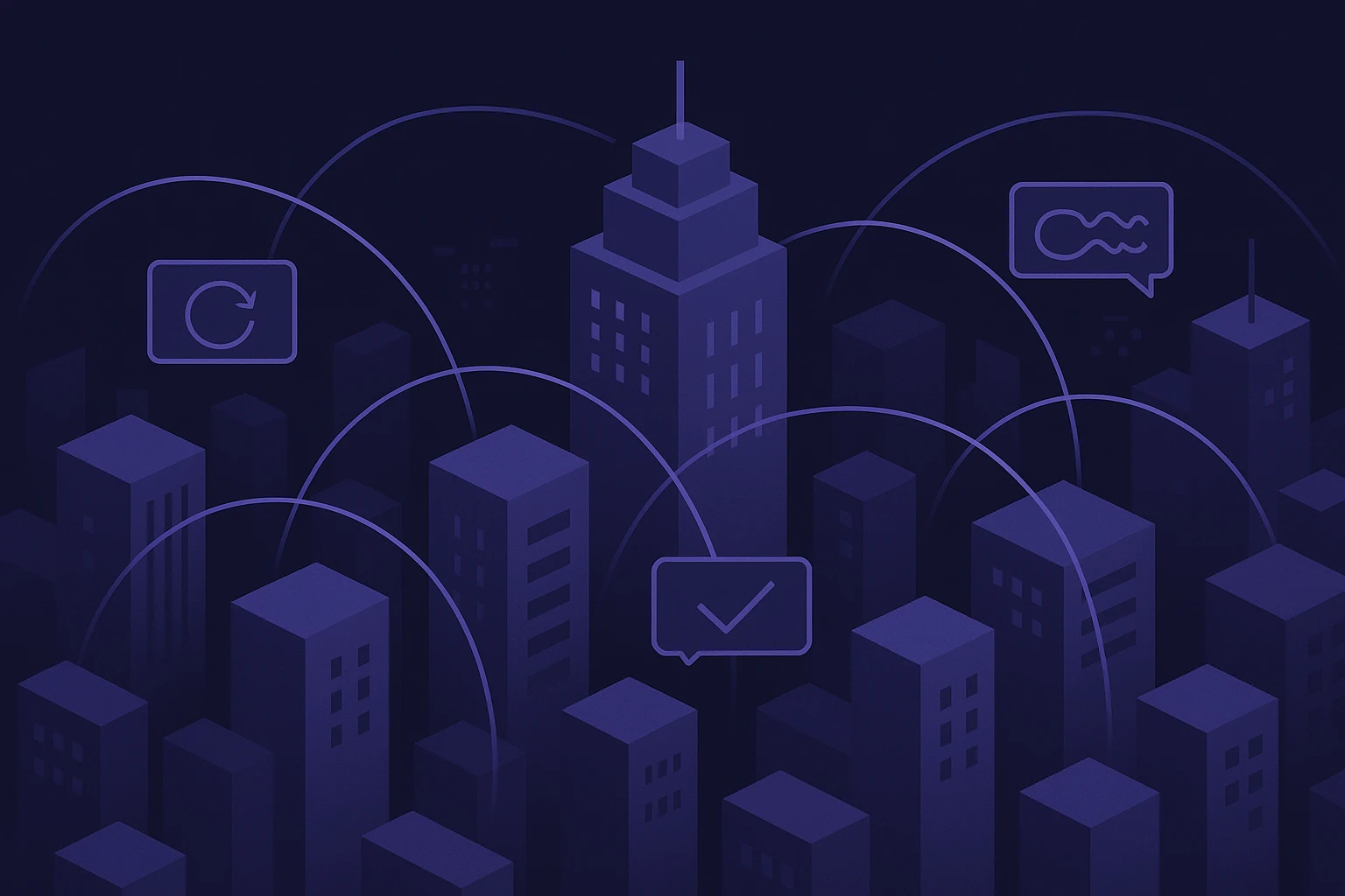 A birds-eye view of a bustling city skyline at night with digital lines overlaying the image, symbolizing data flow across buildings, subtly incorporating abstract representations of captchas within the design.