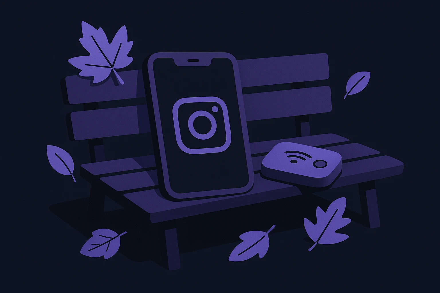 A smartphone displaying the Instagram app is placed on a park bench next to a portable Wi-Fi hotspot device, surrounded by autumn leaves.