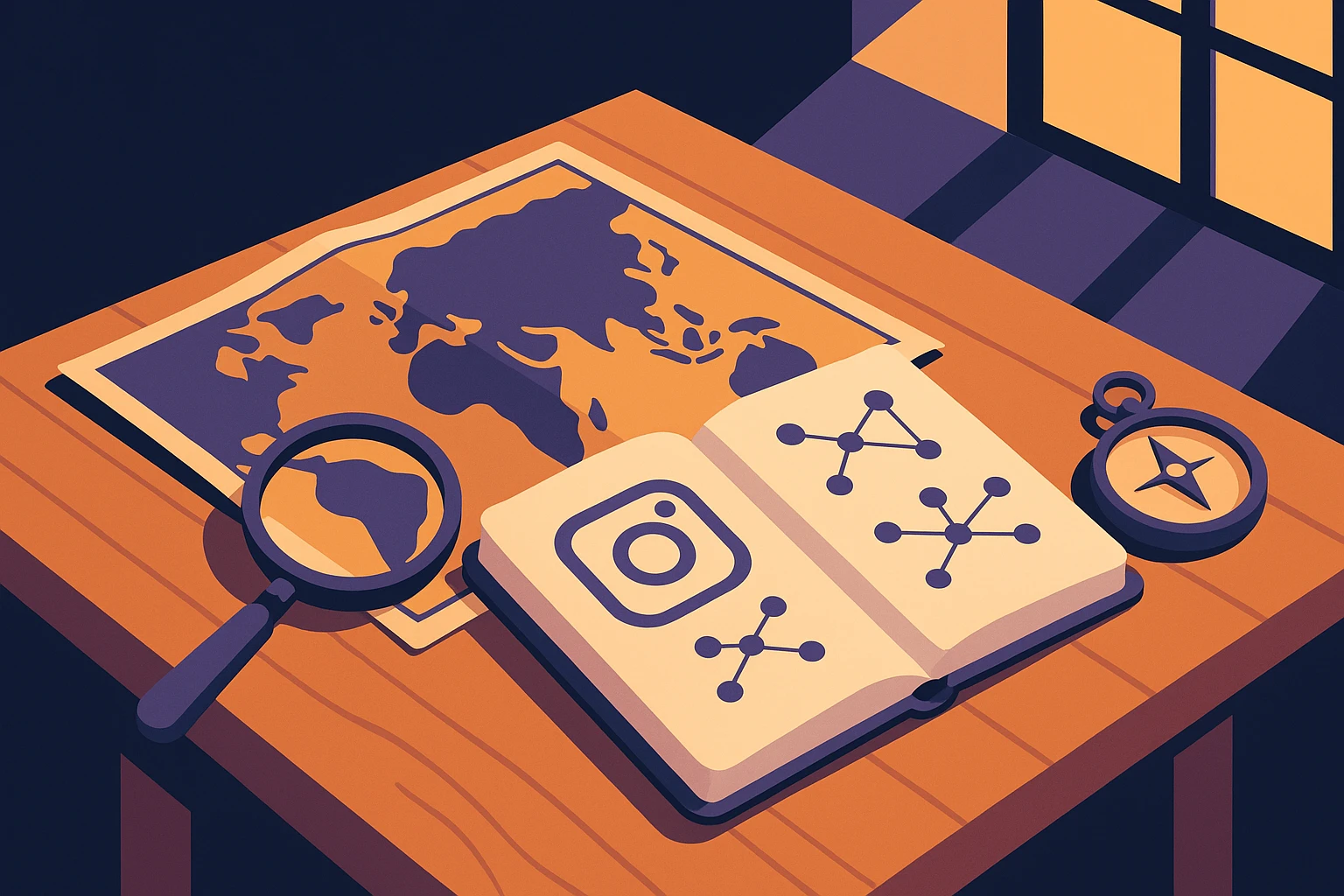 A stylized wooden table with a vintage map, an open notebook showing Instagram logos drawn and network diagrams, surrounded by a magnifying glass and a compass under soft natural sunlight streaming through a nearby window.
