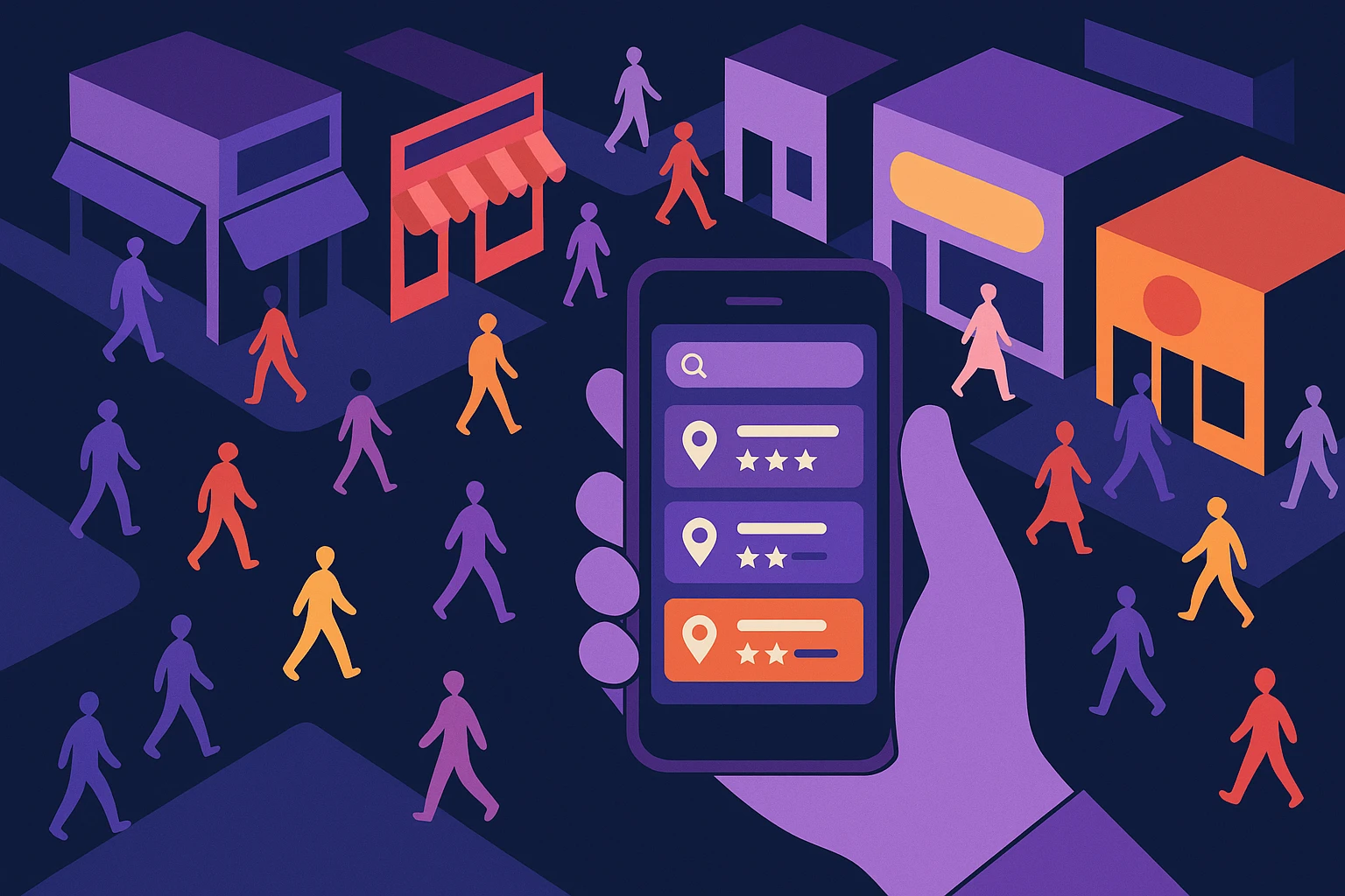 Aerial view of a bustling Chicago neighborhood with colorful storefront signs and varied foot traffic; a smartphone in hand displaying a local search app with different store rankings.