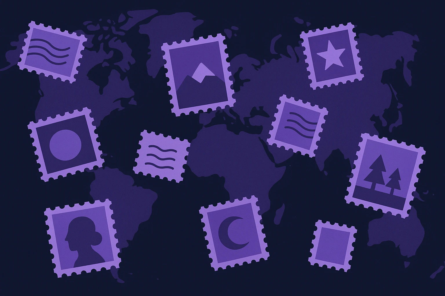 A collection of international postage stamps scattered on a world map, symbolizing unrestricted access and the diverse global reach enabled by using the best online proxies.