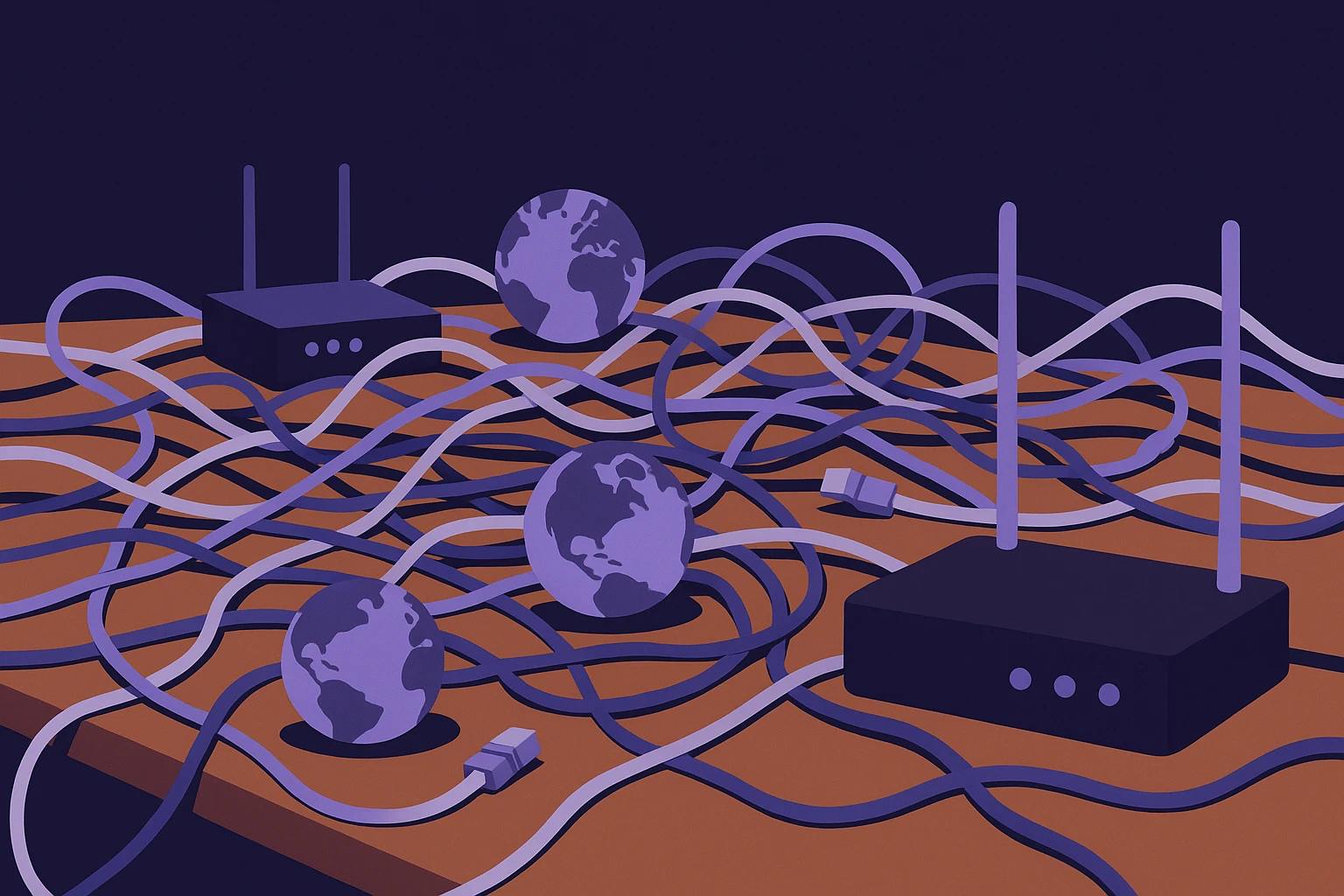 A clutter of network cables and routers on a wooden tabletop, with miniature globes placed among them symbolizing global connectivity and diversity enabled by online proxies.