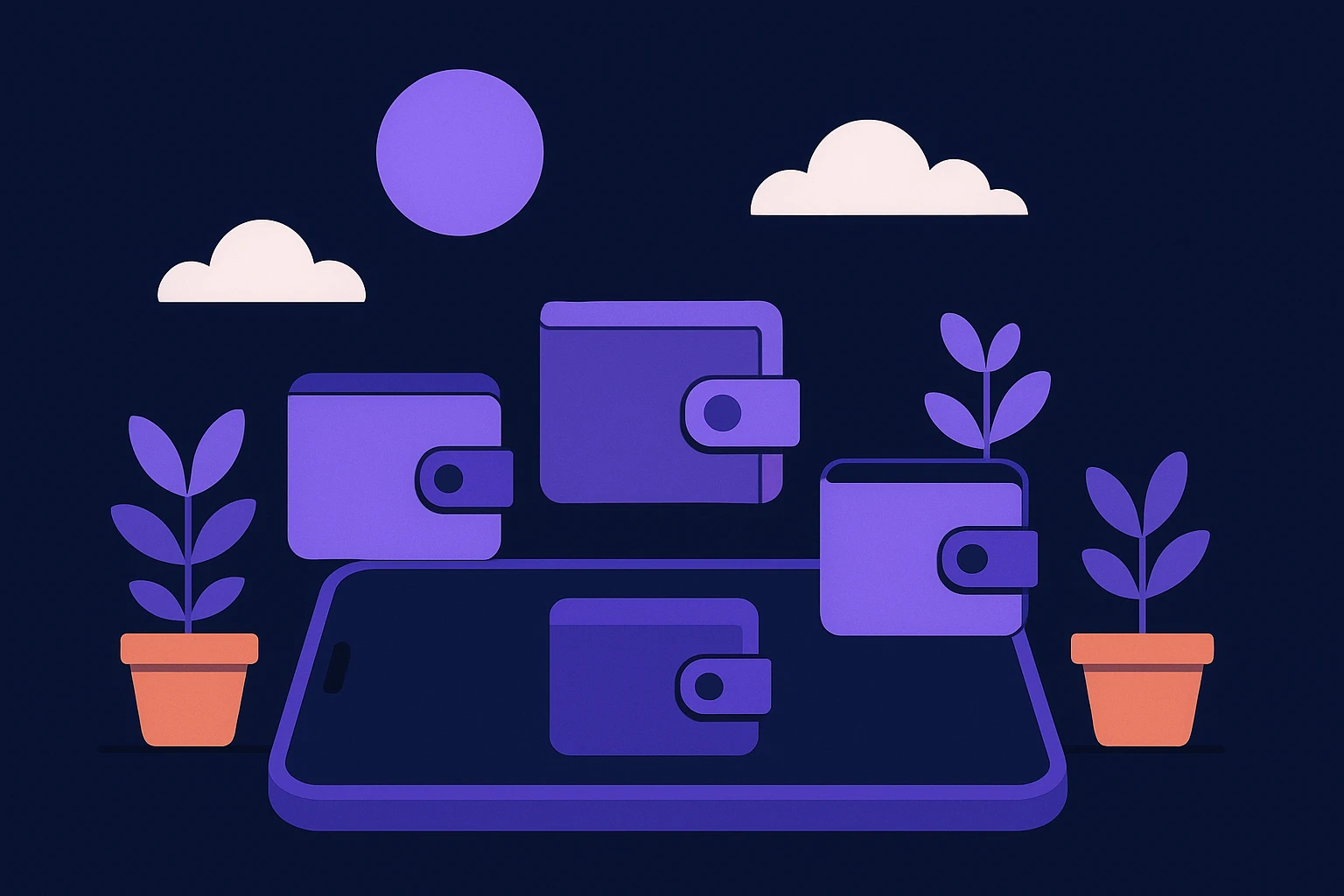 A close-up of multiple digital wallets displayed on a smartphone screen, surrounded by small potted plants under a bright sky, symbolizing growth in an open digital landscape.