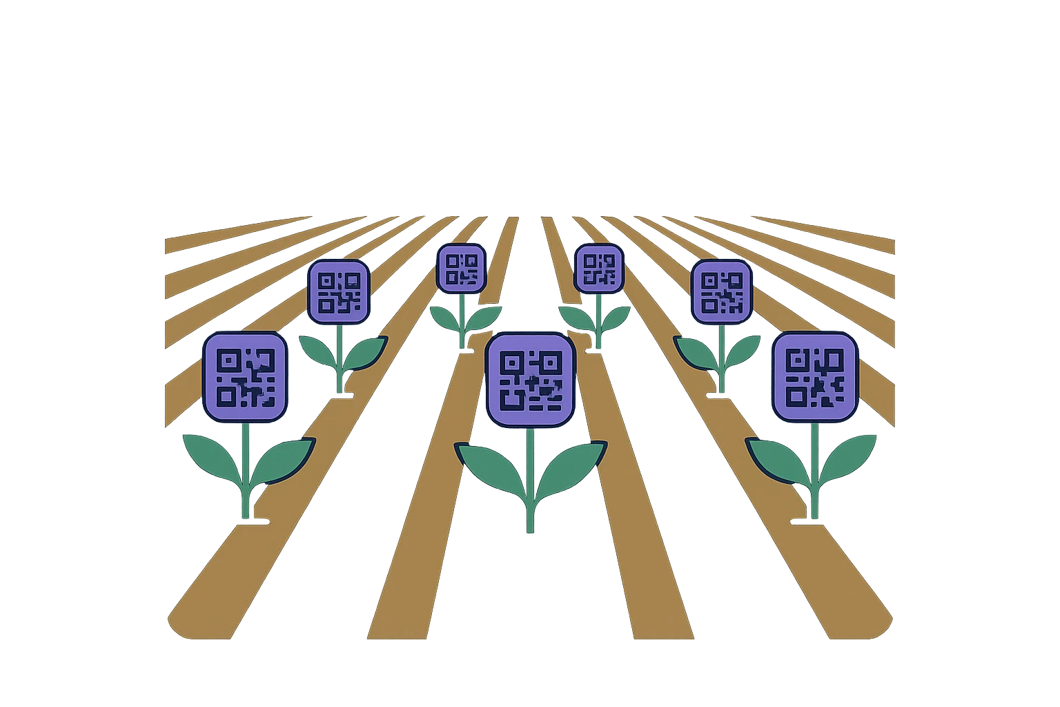 A field with rows of crops, each plant sprouting a QR code tag, under a clear blue sky, symbolizing the integration of agriculture and digital technology in farm crypto airdrops.