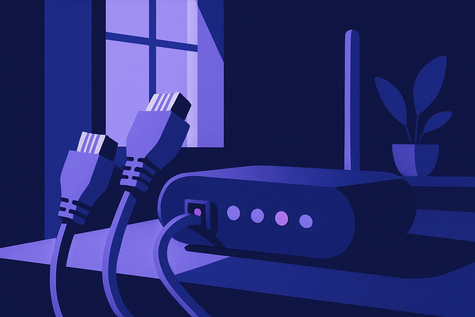 A close-up of network cables and a router with blinking lights, set in a modern home environment with natural lighting filtering through a window.