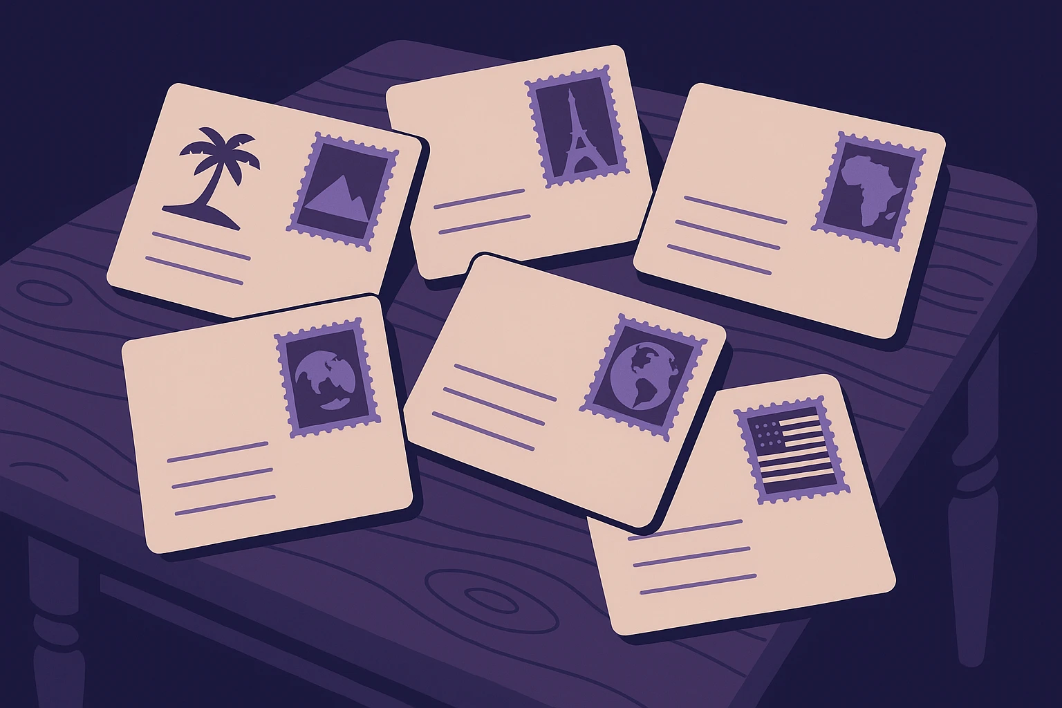 An assortment of vintage postcards with stamps from various countries laid out on an antique wooden table, symbolizing the concept of navigating geographic barriers using proxies in networking.