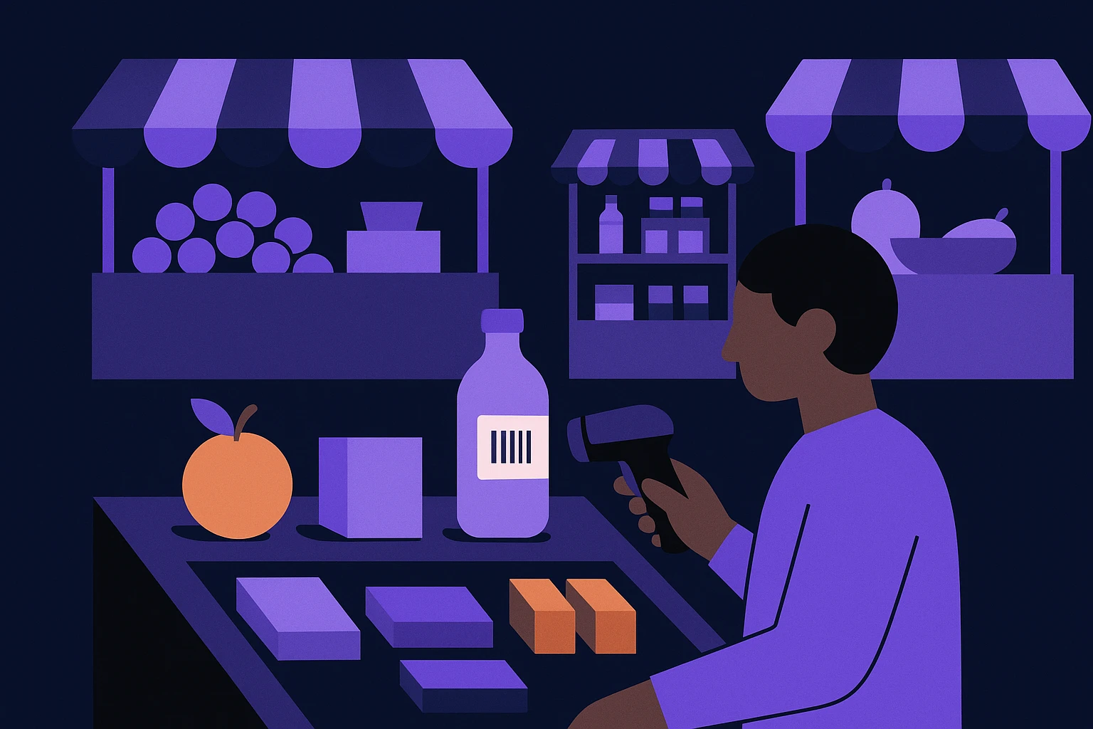 A bustling outdoor marketplace with vibrant stalls, where a person is examining a product with a barcode scanner in hand, surrounded by various products, symbolizing dynamic pricing strategies.