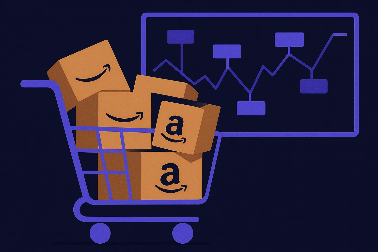 A close-up of a shopping cart filled with packages, with visible Amazon logos, juxtaposed against a large billboard displaying fluctuating digital price tags, symbolizing dynamic market adjustments.