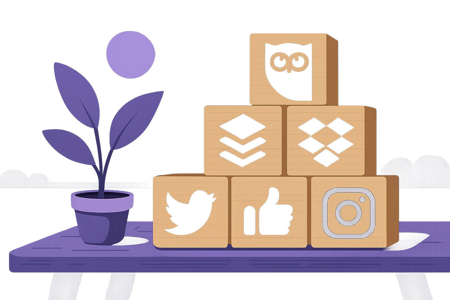 A collection of iconic brand logos like Hootsuite and Buffer arranged on wooden blocks beside a small potted plant, placed on a rustic outdoor table under natural sunlight.
