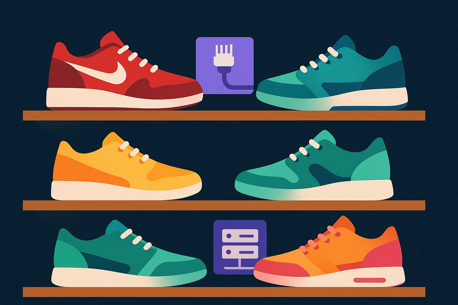 A collection of colorful sneakers displayed on a wooden shelf, interspersed with small labels featuring images of network cables and proxy server icons, set in an urban sneaker store.
