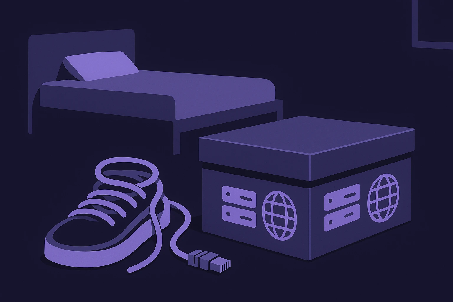 A close-up of a sneaker box with proxy server symbols stamped on the outside, placed next to an ethernet cable coiled like a sneaker lace, set on the floor of a modern, minimalist bedroom.