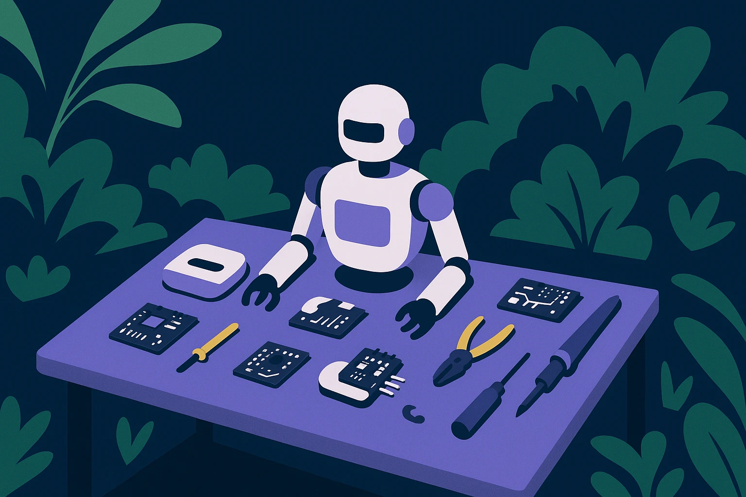 Aerial view of a small robotics workshop with a table scattered with disassembled headless browser components, various electronic tools, and circuit boards, surrounded by lush greenery outdoors.