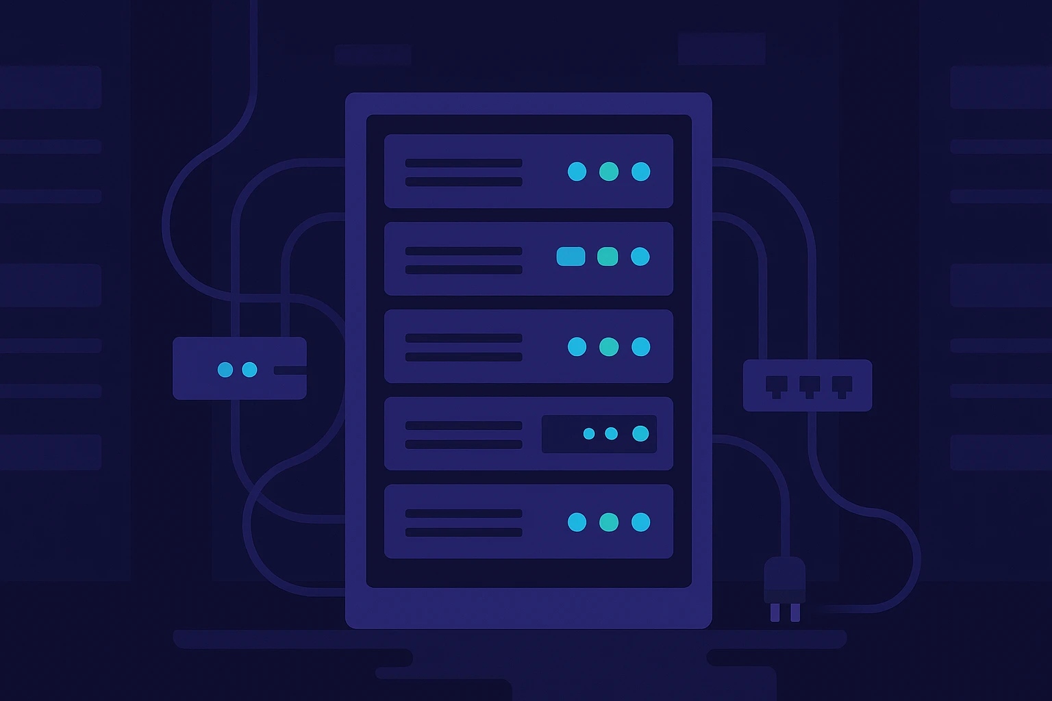 A sleek server rack in a dimly lit data center, glowing with blue and green LED lights, surrounded by network cables and switches, embodying the concept of fast and controlled datacenter proxies.