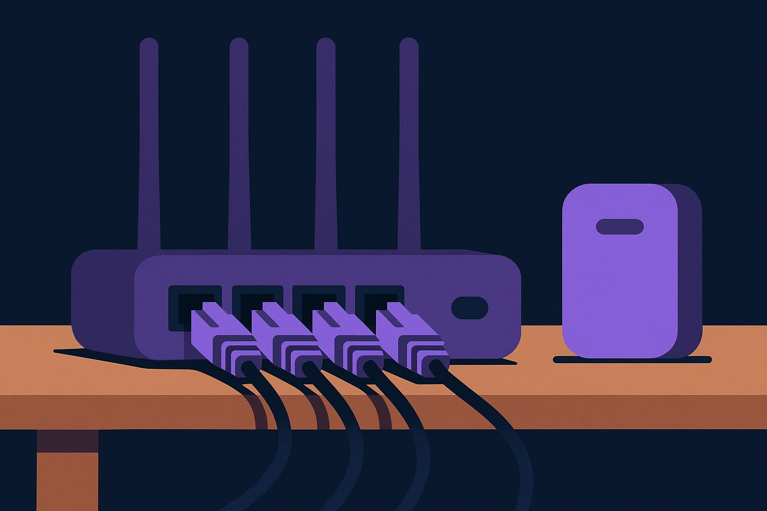 A close-up shot of several network cables plugged into a high-speed router, set on a wooden table with a Soxy.pro branded device beside it, emphasizing robust connectivity and proxy performance.