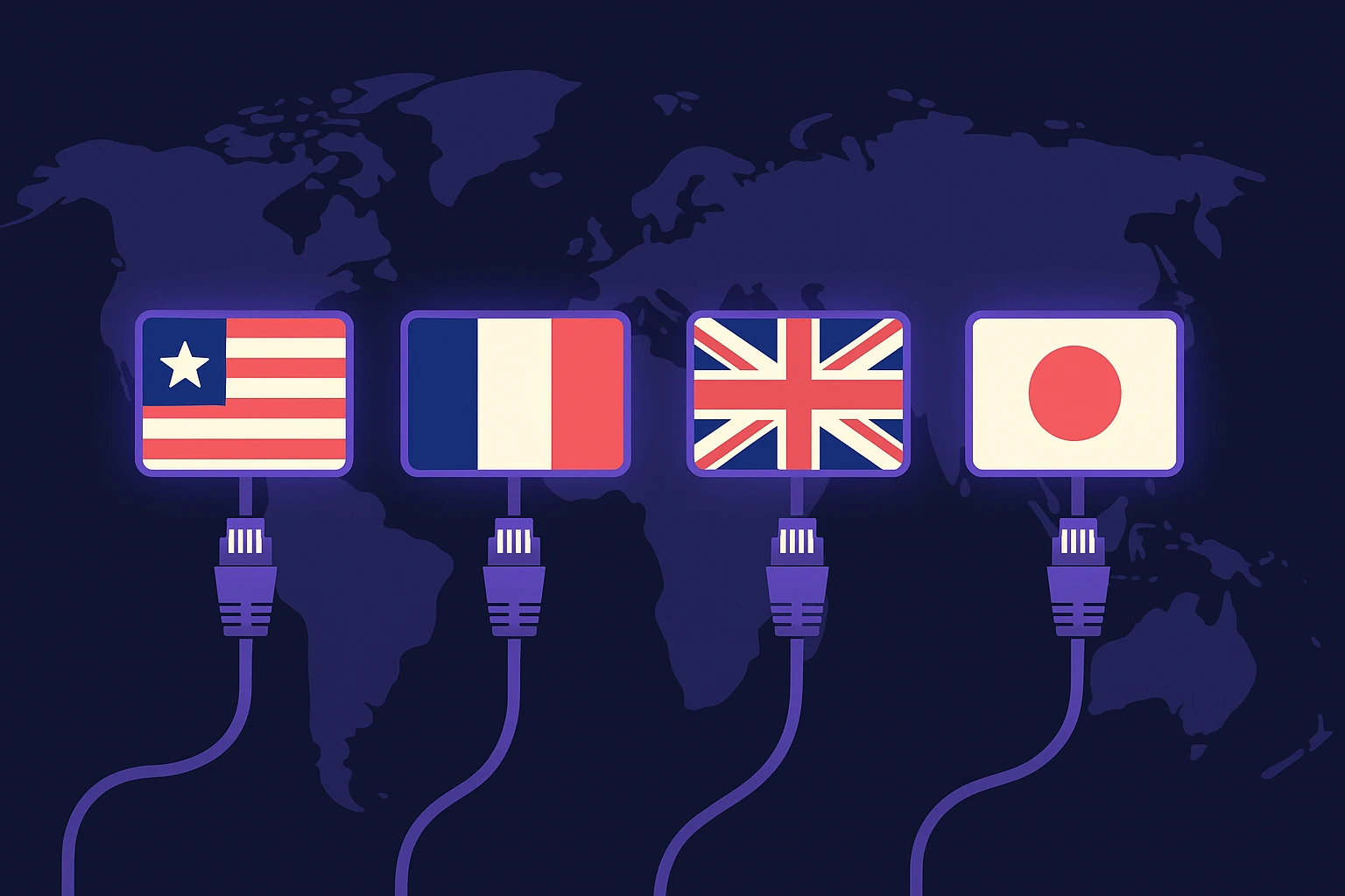 A row of glowing international flags with network cables running through them, symbolizing global data exchange and geo-restricted proxy access, set against a backdrop of a world map.