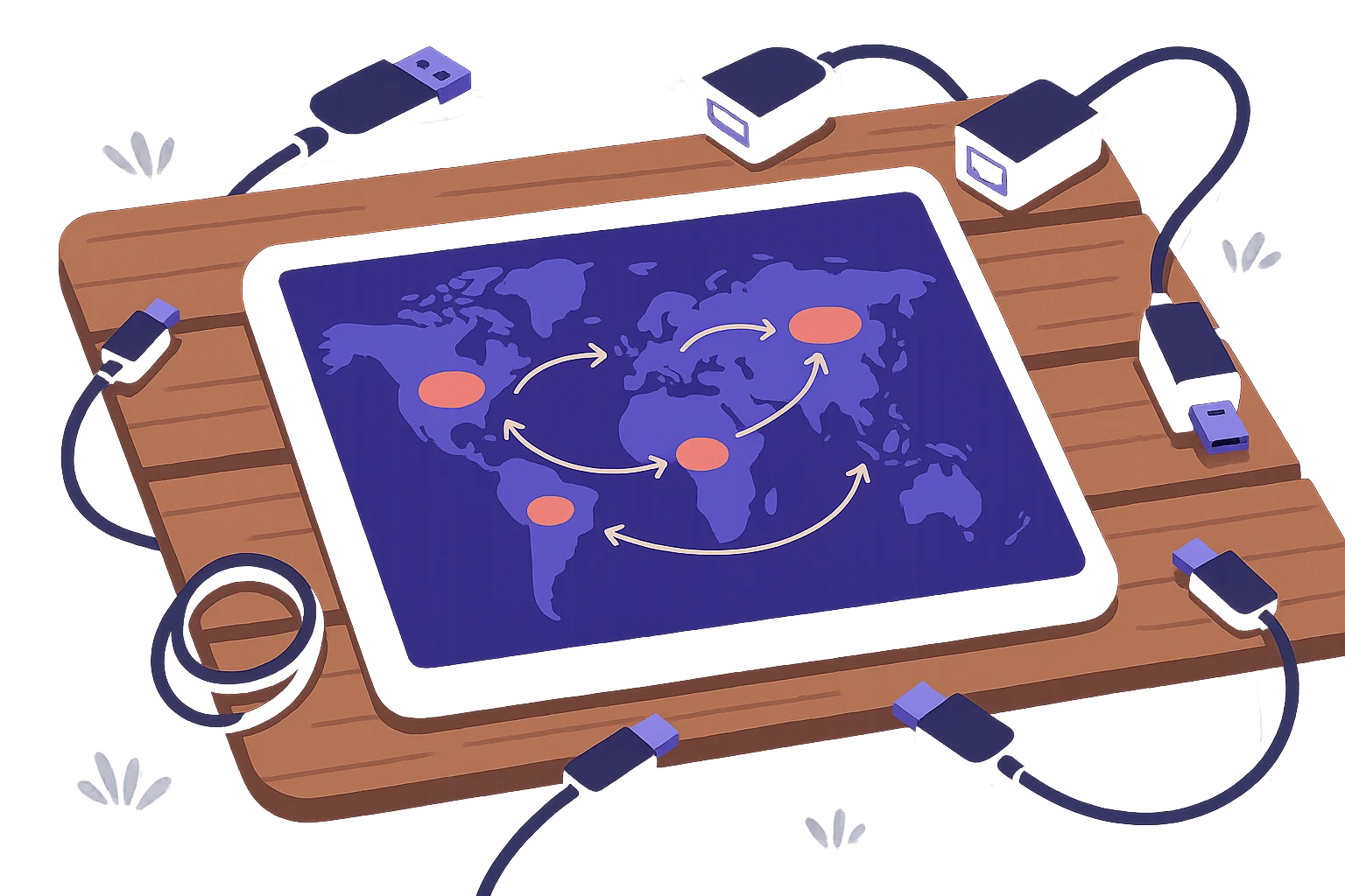 A close-up of a digital world map on a tablet screen with marked regions and arrows pointing between them, surrounded by a variety of network adapter dongles and cables on a wooden outdoor table, symbolizing global connectivity and proxy use.