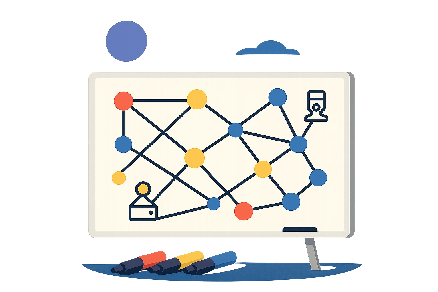 A network diagram sketched on a whiteboard outdoors, with colorful markers showing routes, nodes, and proxy icons under a bright blue sky.