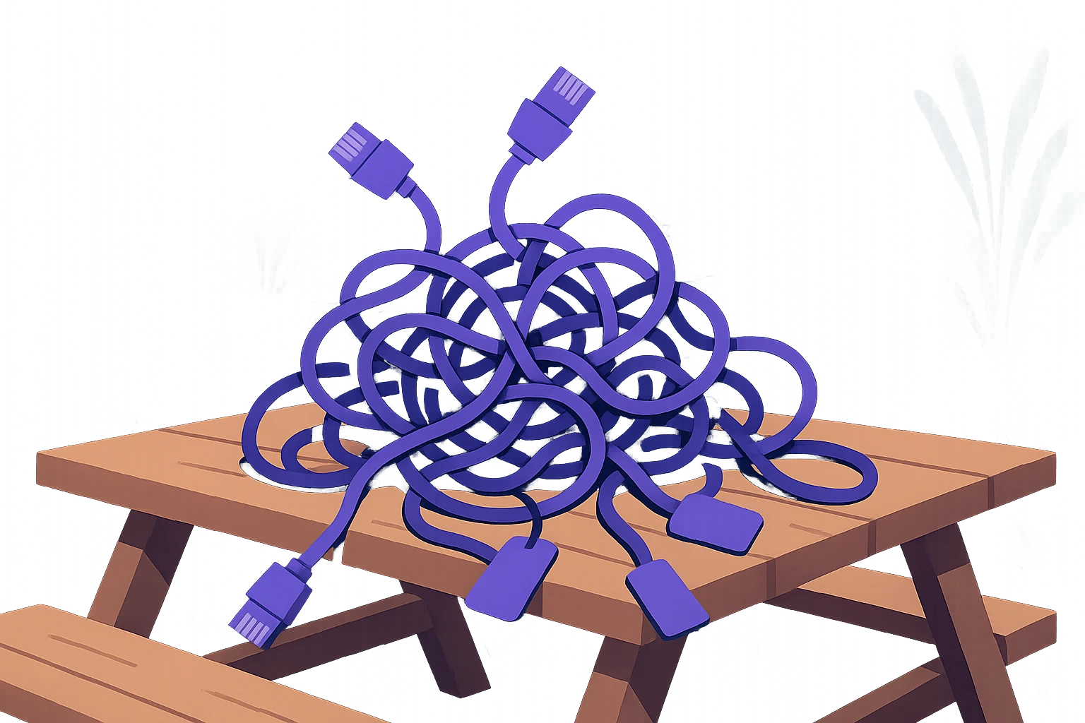 A collection of tangled Ethernet cables, each labeled with tags like 