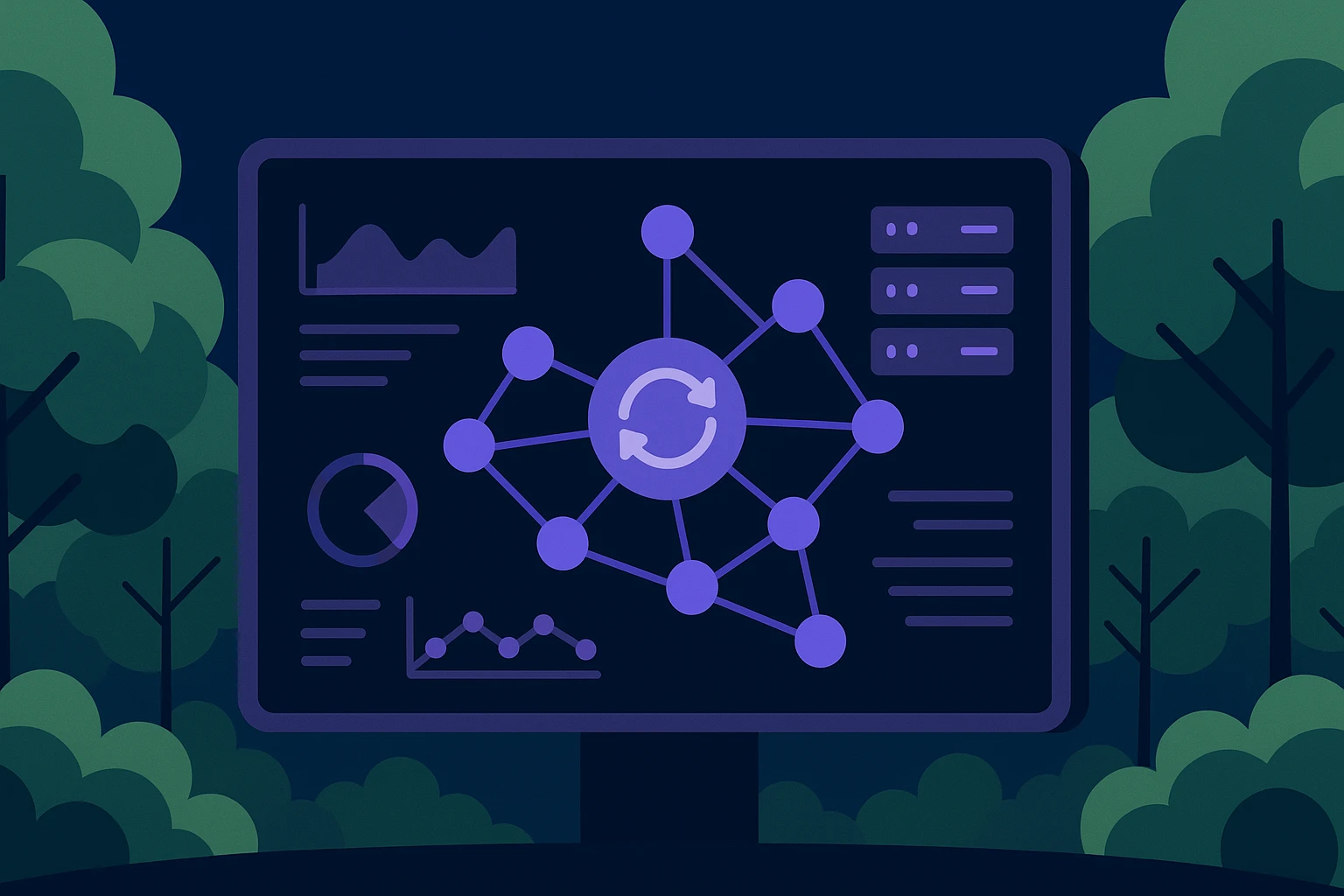 A close-up of a dynamic digital dashboard displayed on a futuristic screen outdoors, surrounded by lush green trees, illustrating the concept of rotating proxies with interconnected nodes and lines representing data flow between servers.