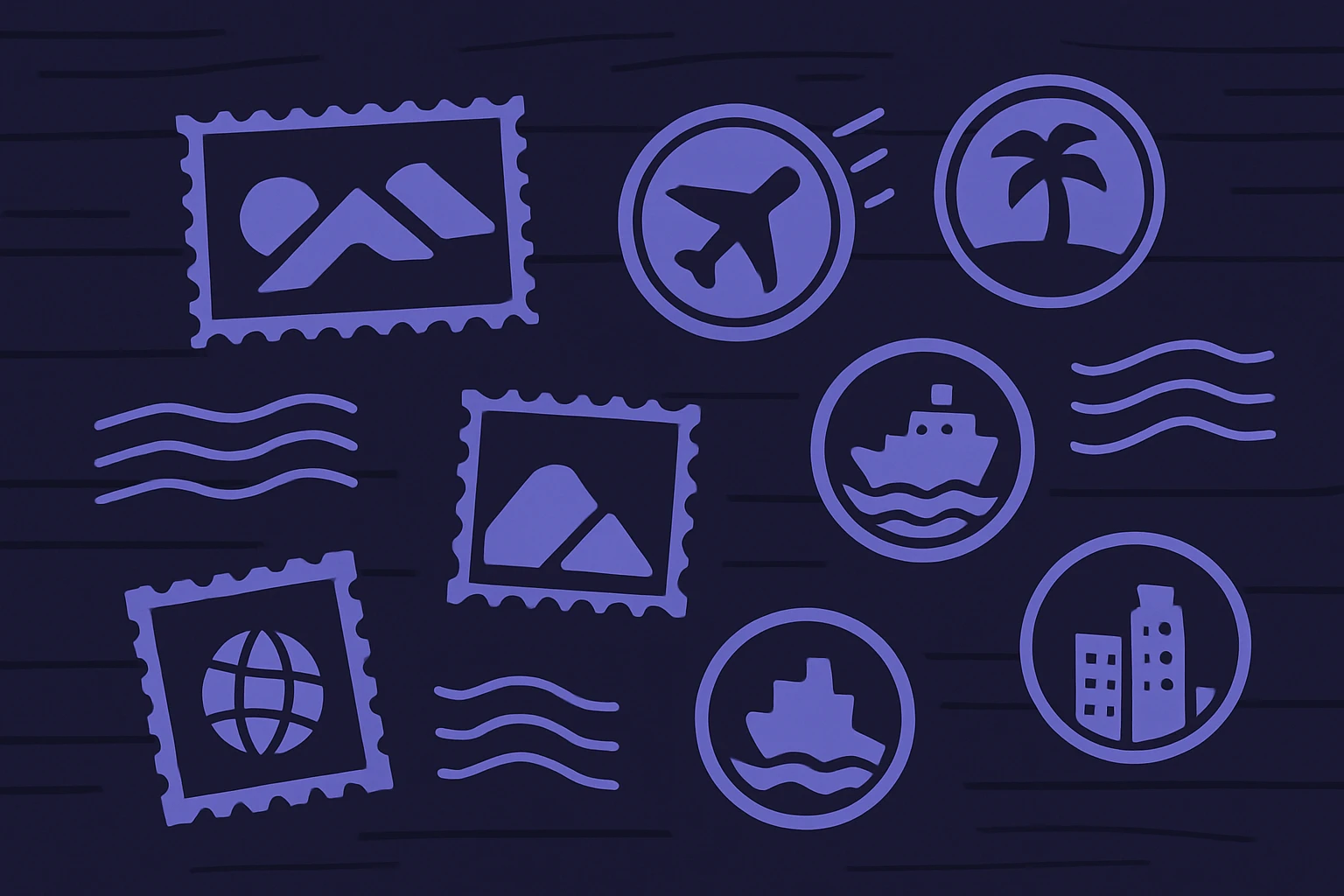 A collection of vintage postmark stamps scattered across a wooden table, each representing a different location around the world, symbolizing the concept of rotating proxies with diverse destinations for web requests.