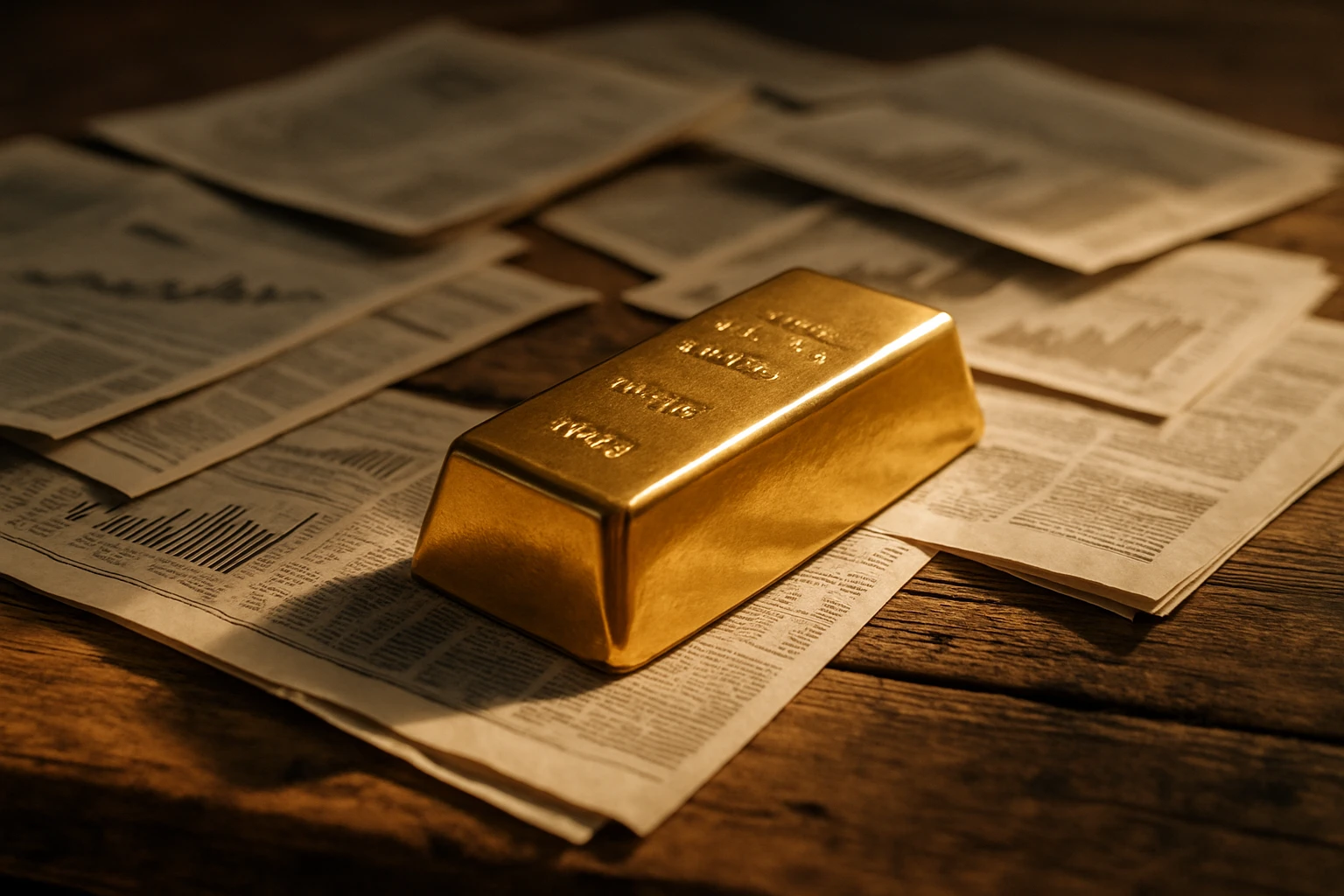 A close-up of a gold bar placed on a rustic wooden table, surrounded by scattered financial newspapers and reports, with sunlight casting warm highlights, highlighting the bar's shiny surface and embossed markings.