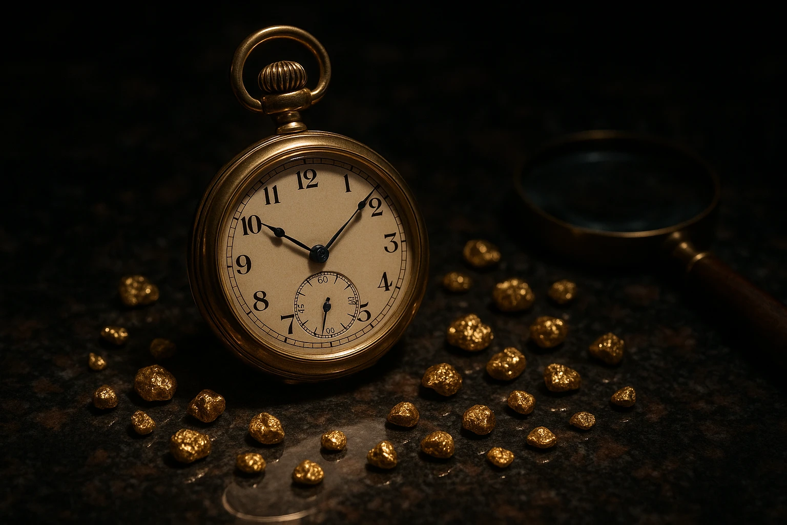 A close-up of a ticking pocket watch made of gold, resting on a polished granite counter, surrounded by small gold nuggets and a magnifying glass, under a soft, dim spotlight creating an elegant shimmer.