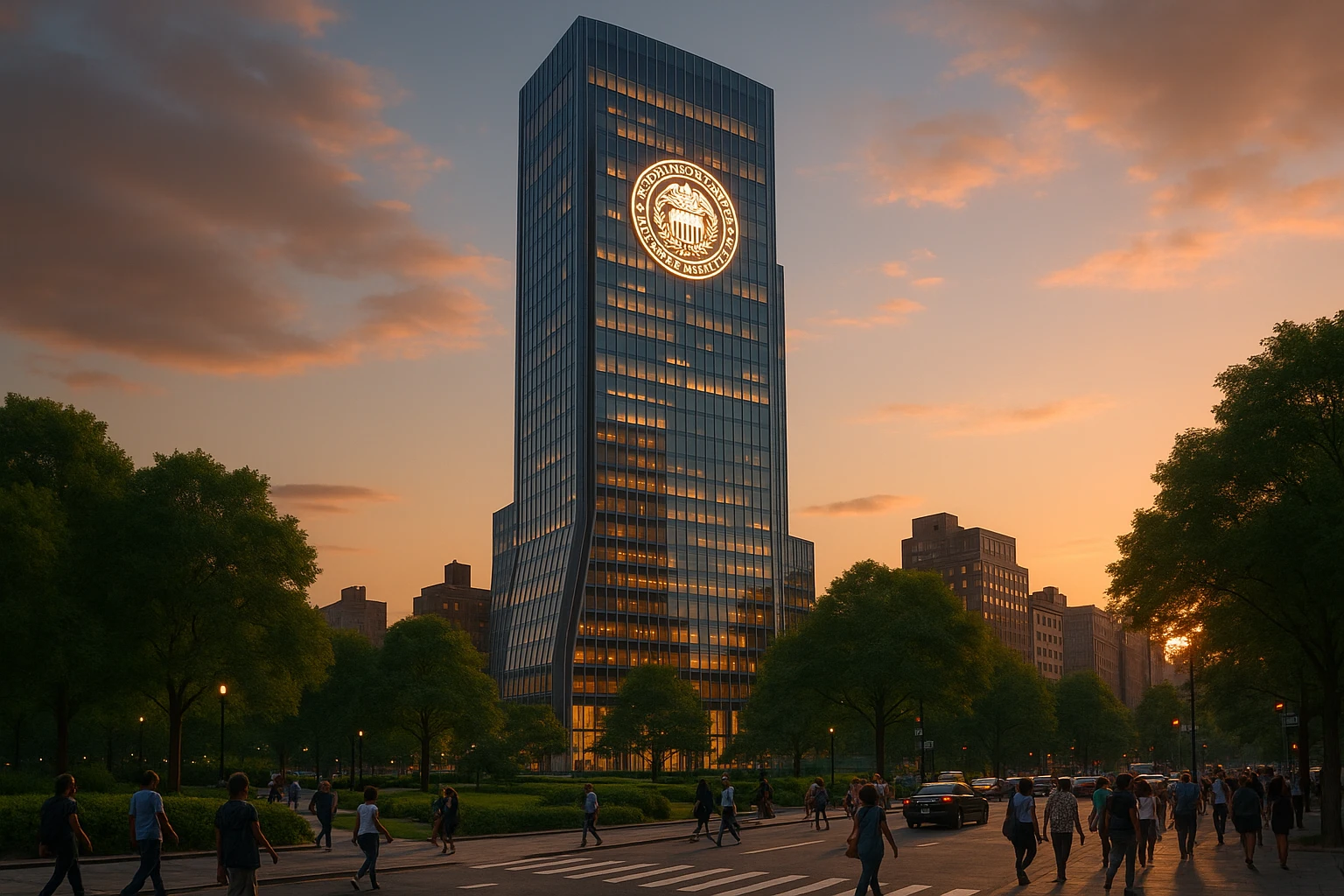 A sleek, modern skyscraper with a New York Fed logo illuminated at sunset, surrounded by lush green spaces and busy city streets filled with diverse pedestrians.