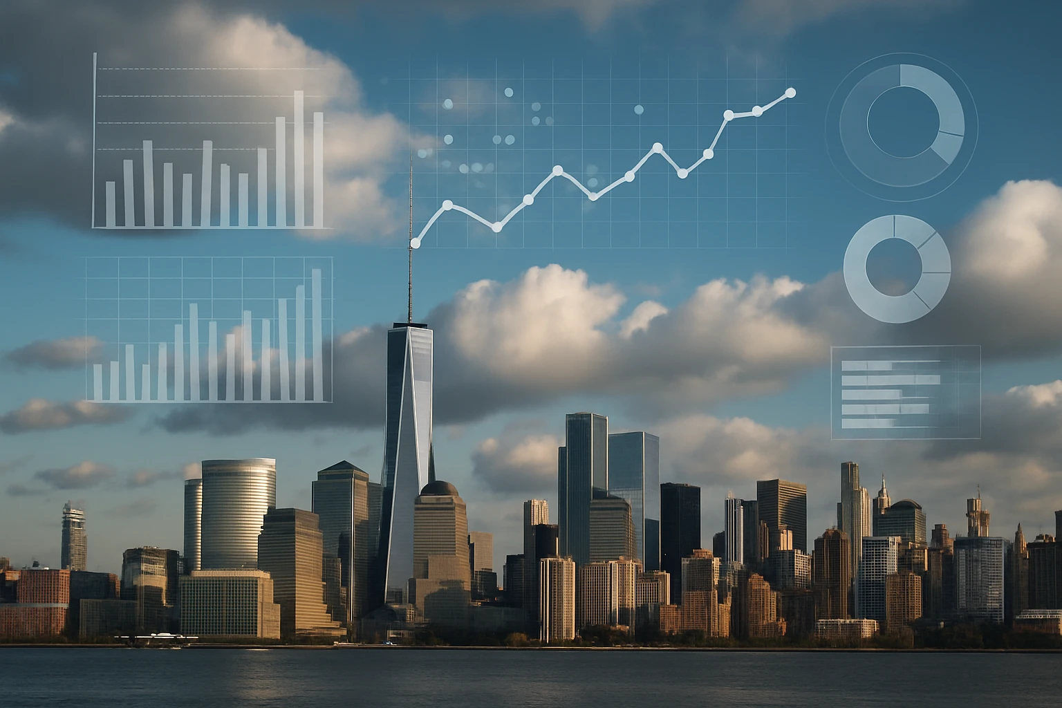 A skyline view featuring a series of futuristic financial graphs and data visualizations projected onto the clouds, hinting at powerful analytics and the innovative tools used by the New York Fed to predict economic trends.