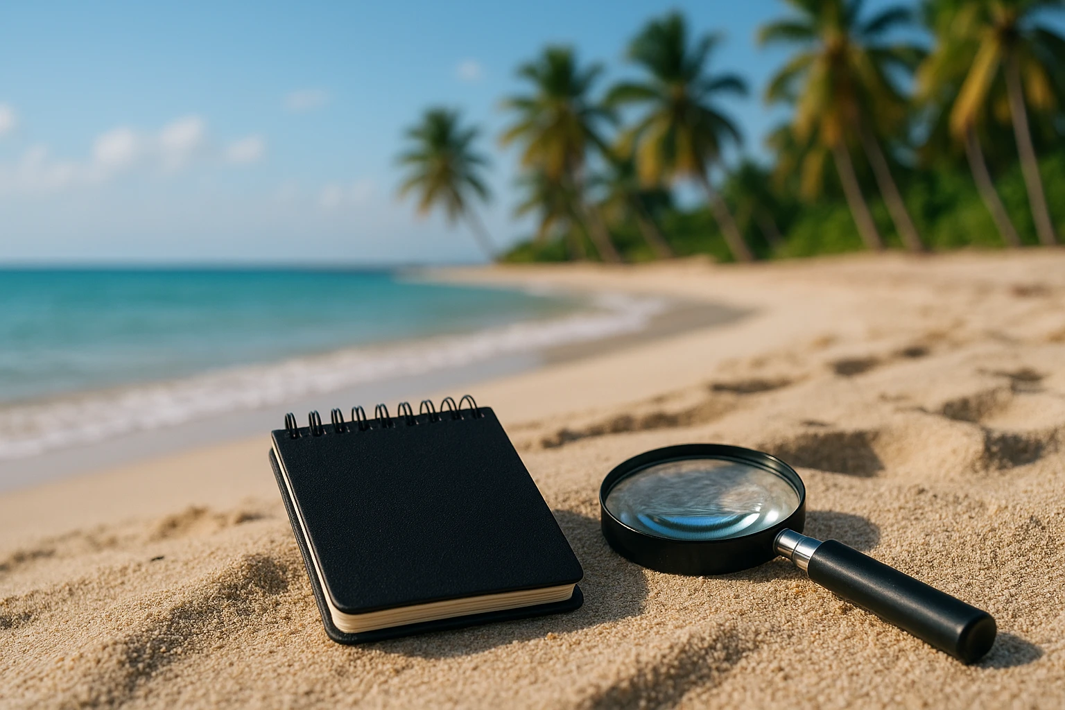 A small detective's notebook and magnifying glass resting on a sandy beach with palm trees in the background, capturing the essence of private investigation services amidst the tropical landscape of Saint Croix.