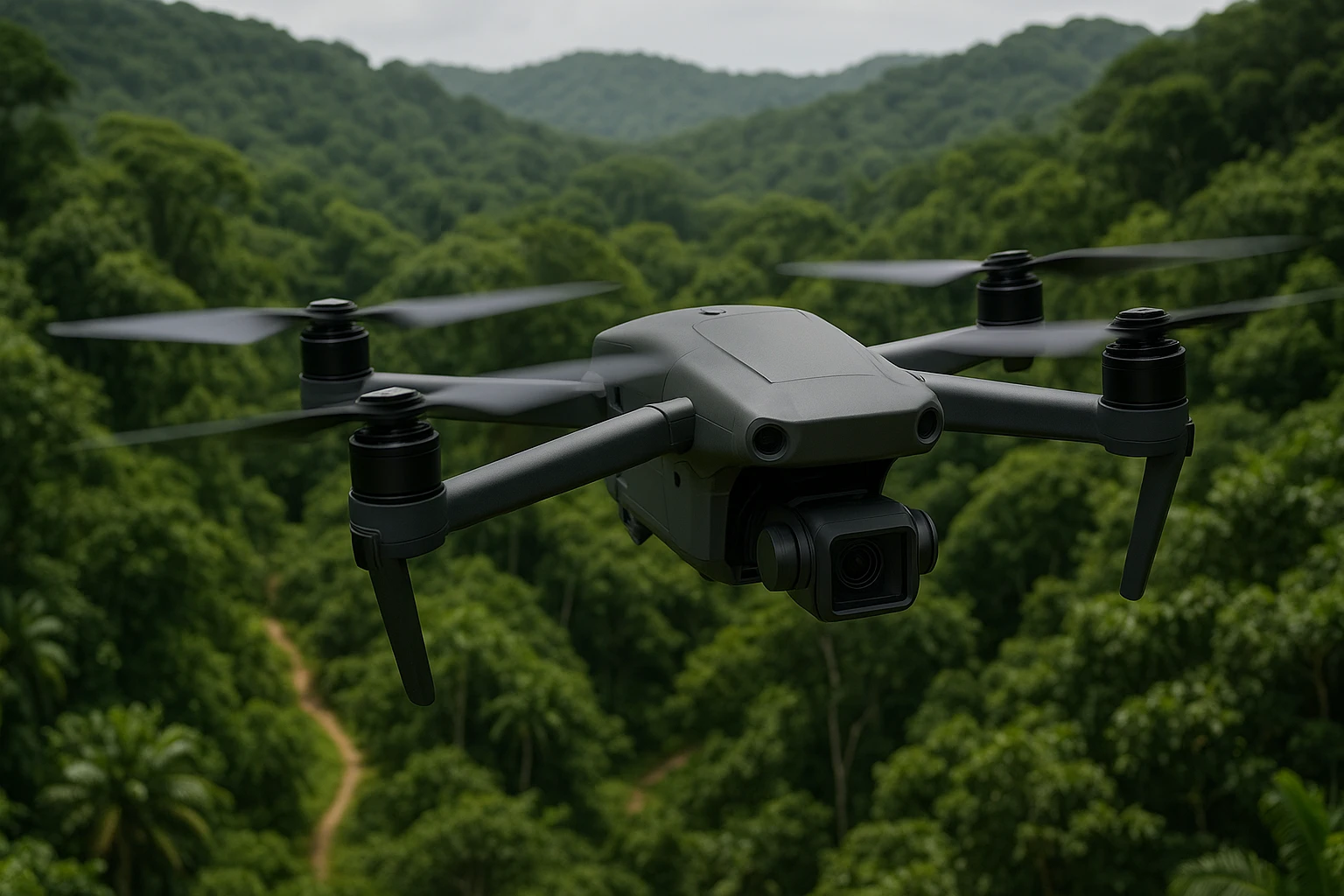 A sleek surveillance drone hovers above a dense, tropical forest in Saint Croix, capturing real-time aerial footage of the lush canopy and winding trails below with its high-resolution camera.