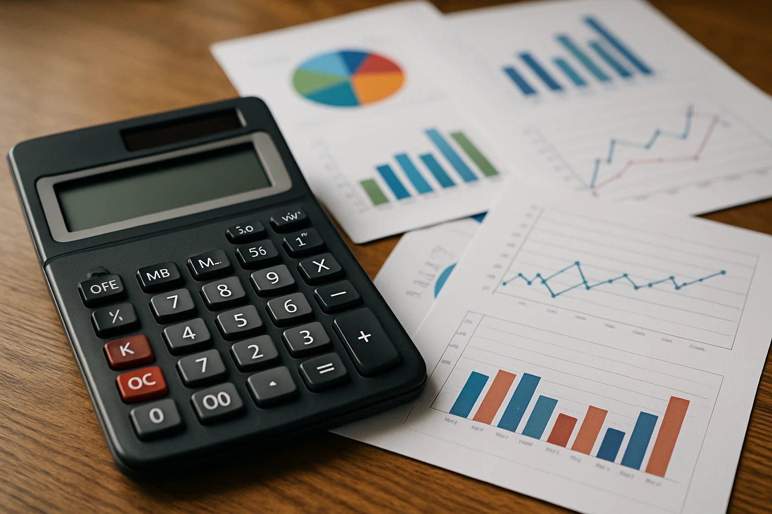 A close-up of a calculator on a wooden table next to scattered papers with graphs and charts, symbolizing financial planning and decision-making related to extraordinary expenses for child maintenance.
