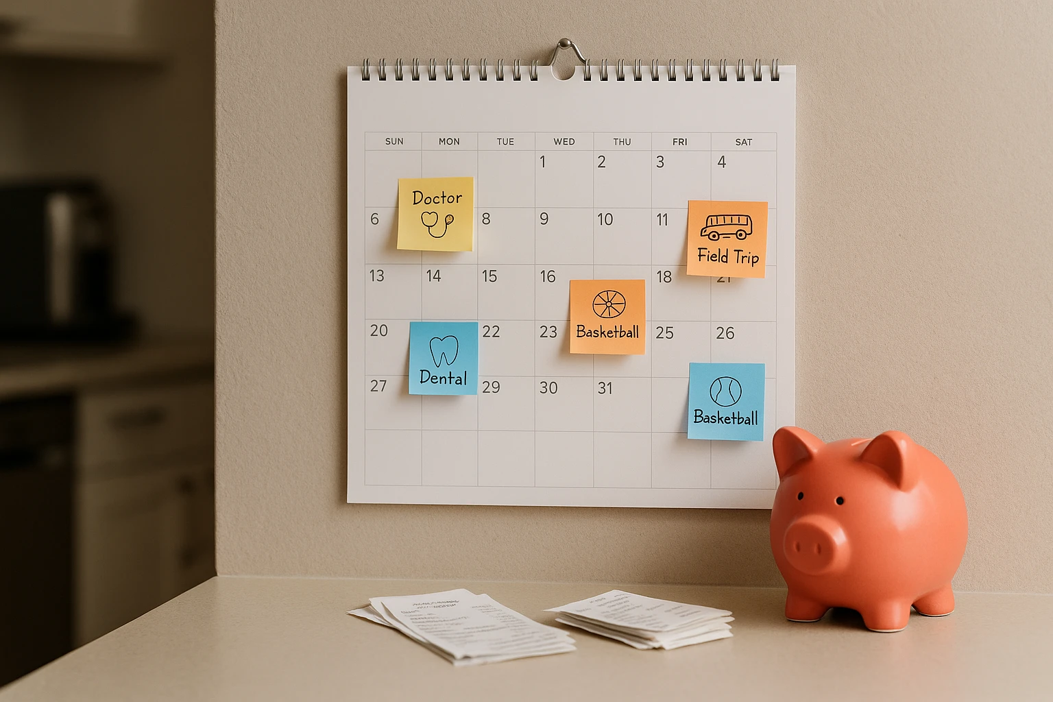 A family calendar pinned on a kitchen wall, marked with colorful sticky notes detailing extraordinary expenses like medical appointments and educational activities, alongside a piggy bank and a stack of receipts on the counter.