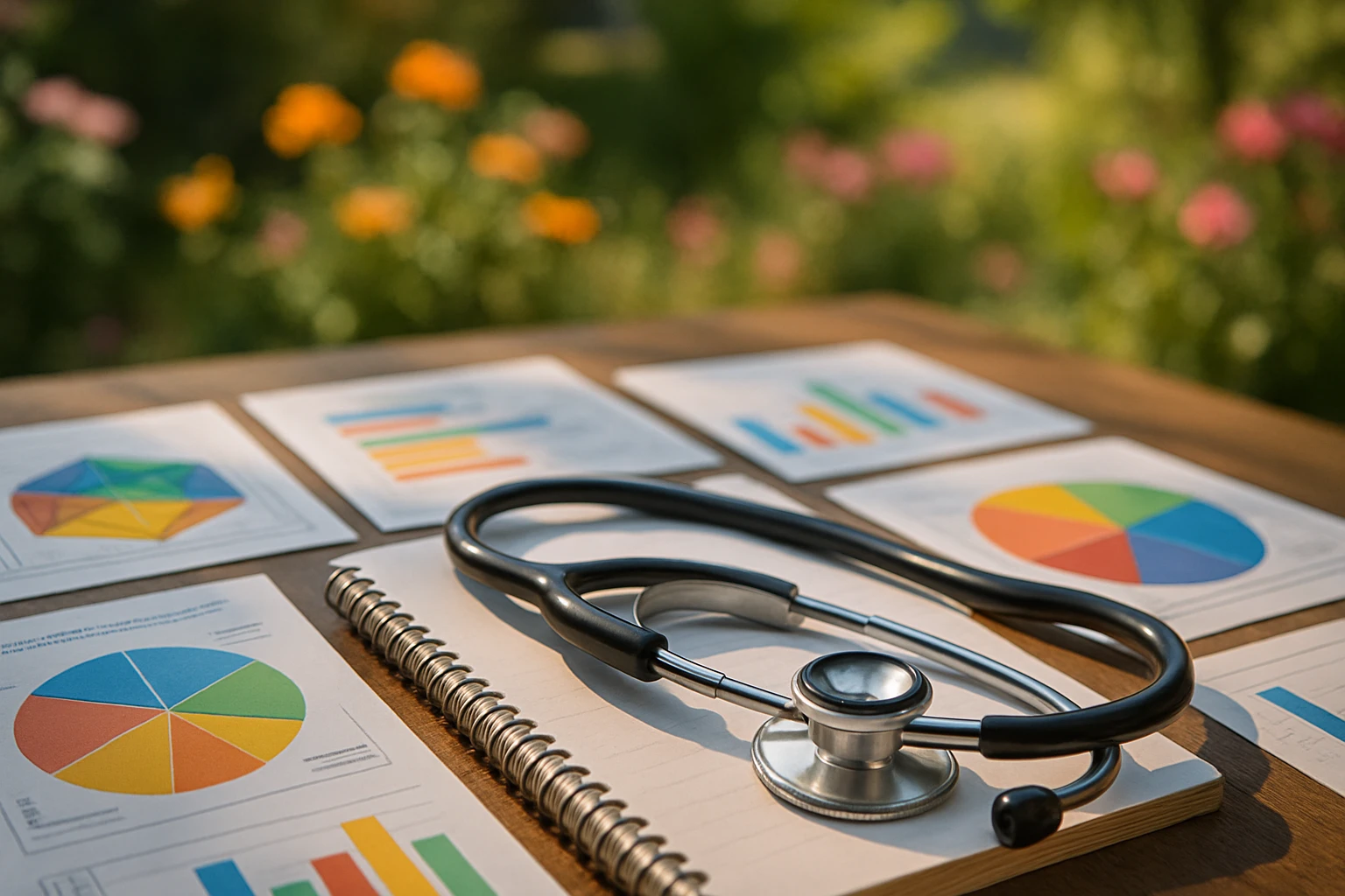 A detailed close-up of a therapist's diagnostic toolkit on a table, featuring a stethoscope, notepad, and various colorful charts and graphs used for mental health assessments, set against a sunny, outdoor garden with blooming flowers in the background.