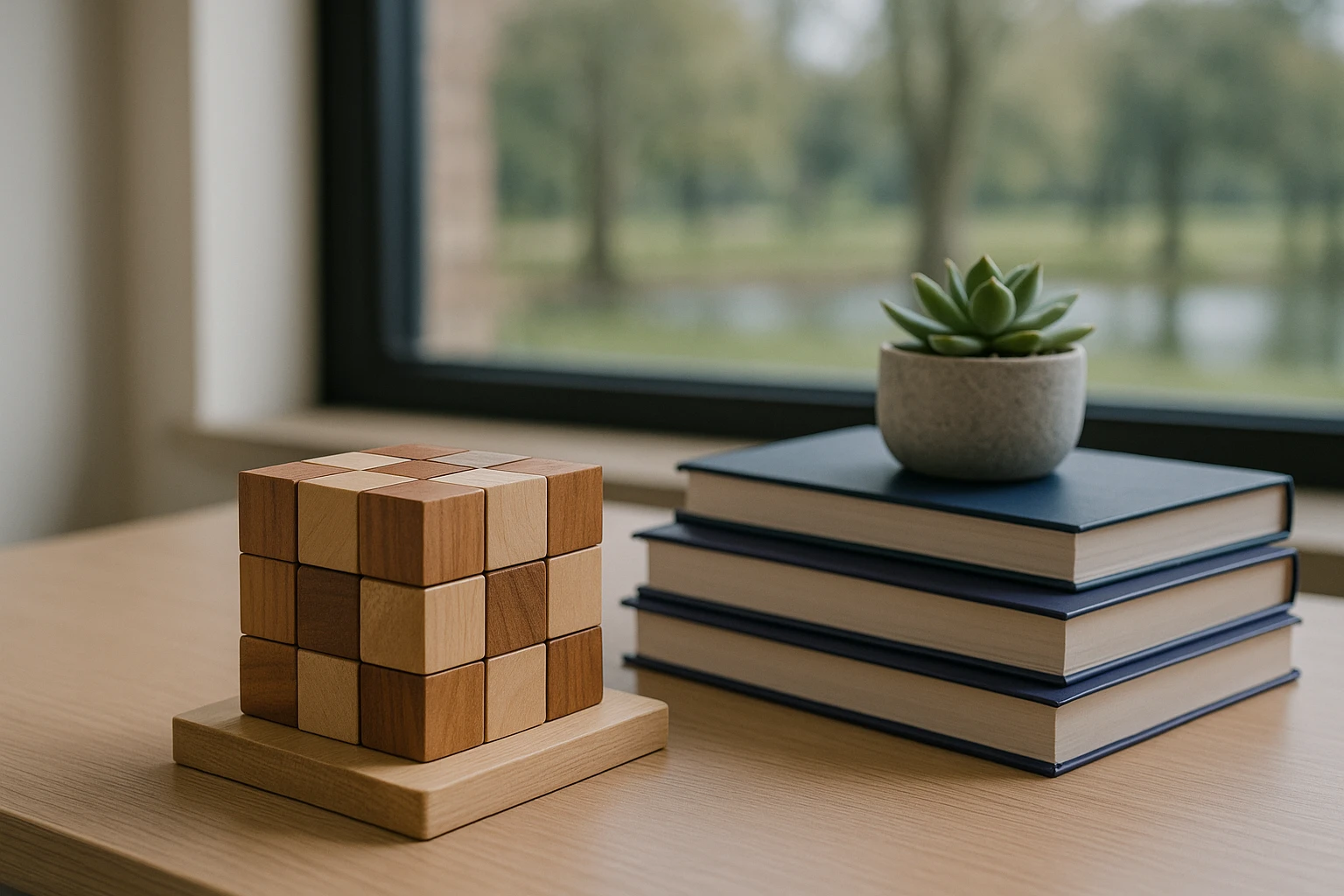 A close-up of a psychiatrist’s desk featuring a wooden block puzzle used for therapeutic purposes, various diagnostic manual handbooks stacked neatly, and a small succulent plant, with a window in the background showing a serene view of a park.