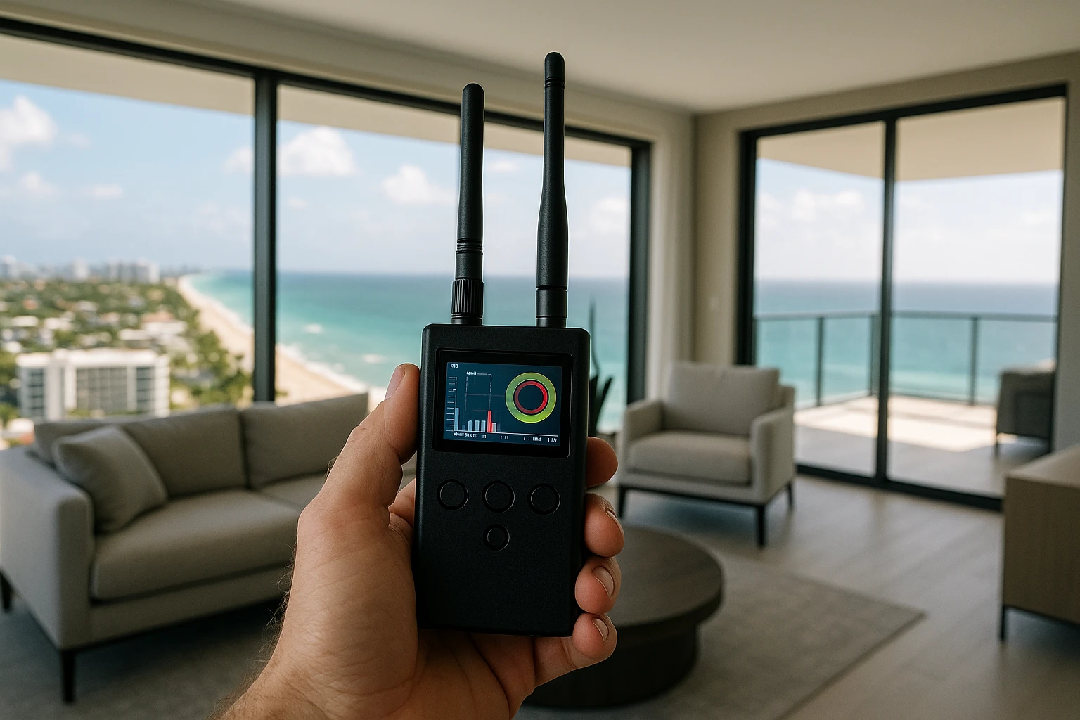 A hand-held RF detector scanning a modern living room with a panoramic view of Pompano Beach, Florida, visible through the windows, highlighting the device used for TSCM bug sweeps amidst the coastal backdrop.