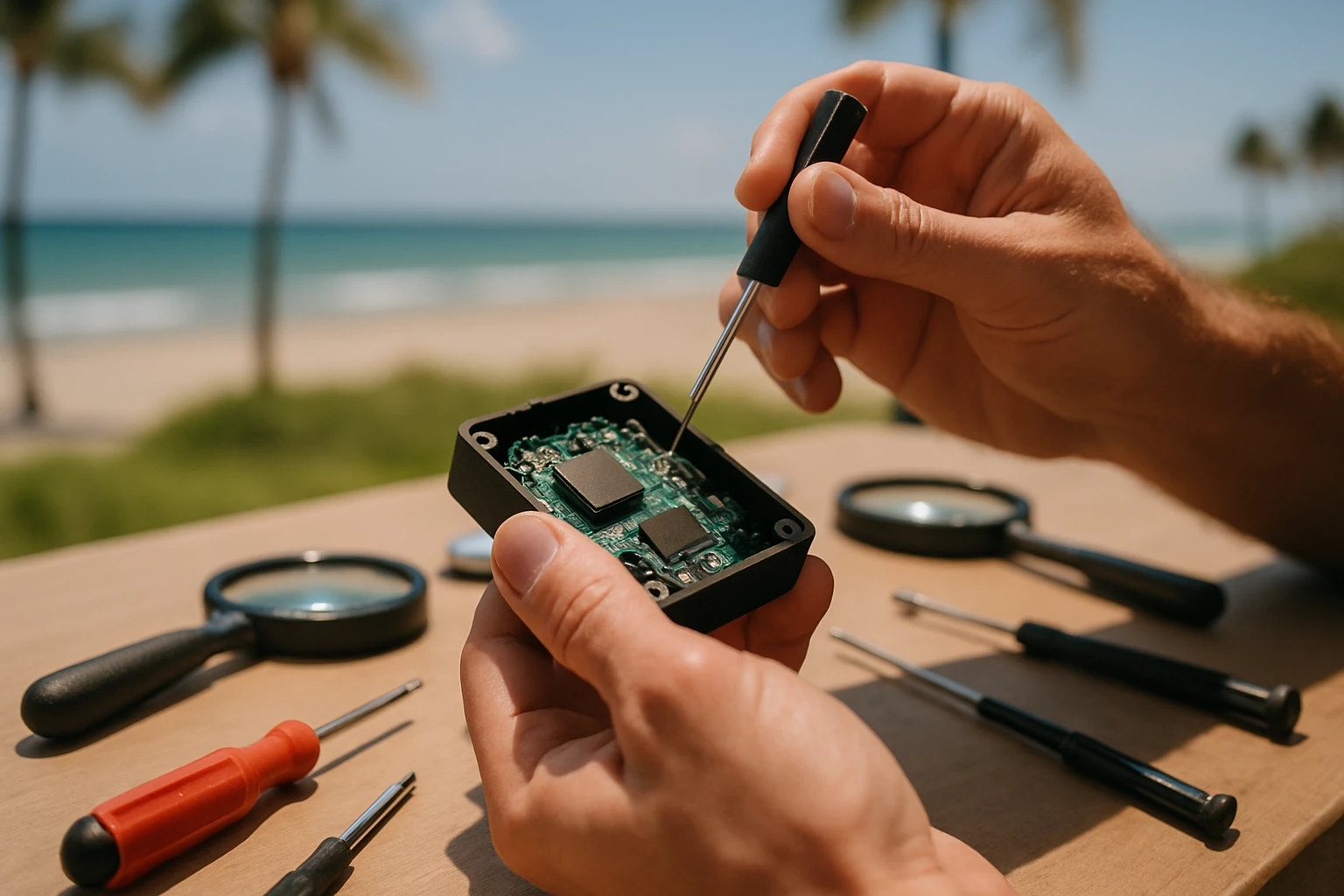 A close-up of a small electronic device being disassembled on an outdoor table overlooking a sunny beach in Pompano Beach, Florida, with various tools like screwdrivers and magnifying glasses scattered around, emphasizing the hands-on nature of TSCM bug sweeps.