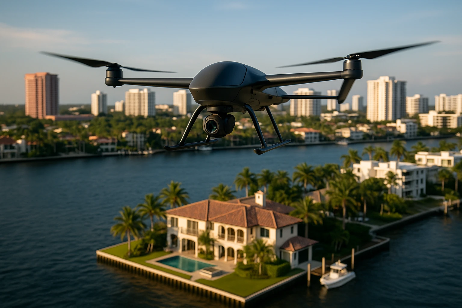 A sleek surveillance drone hovering over a sunlit Boca Raton skyline, capturing high-resolution images of a luxury waterfront property below.
