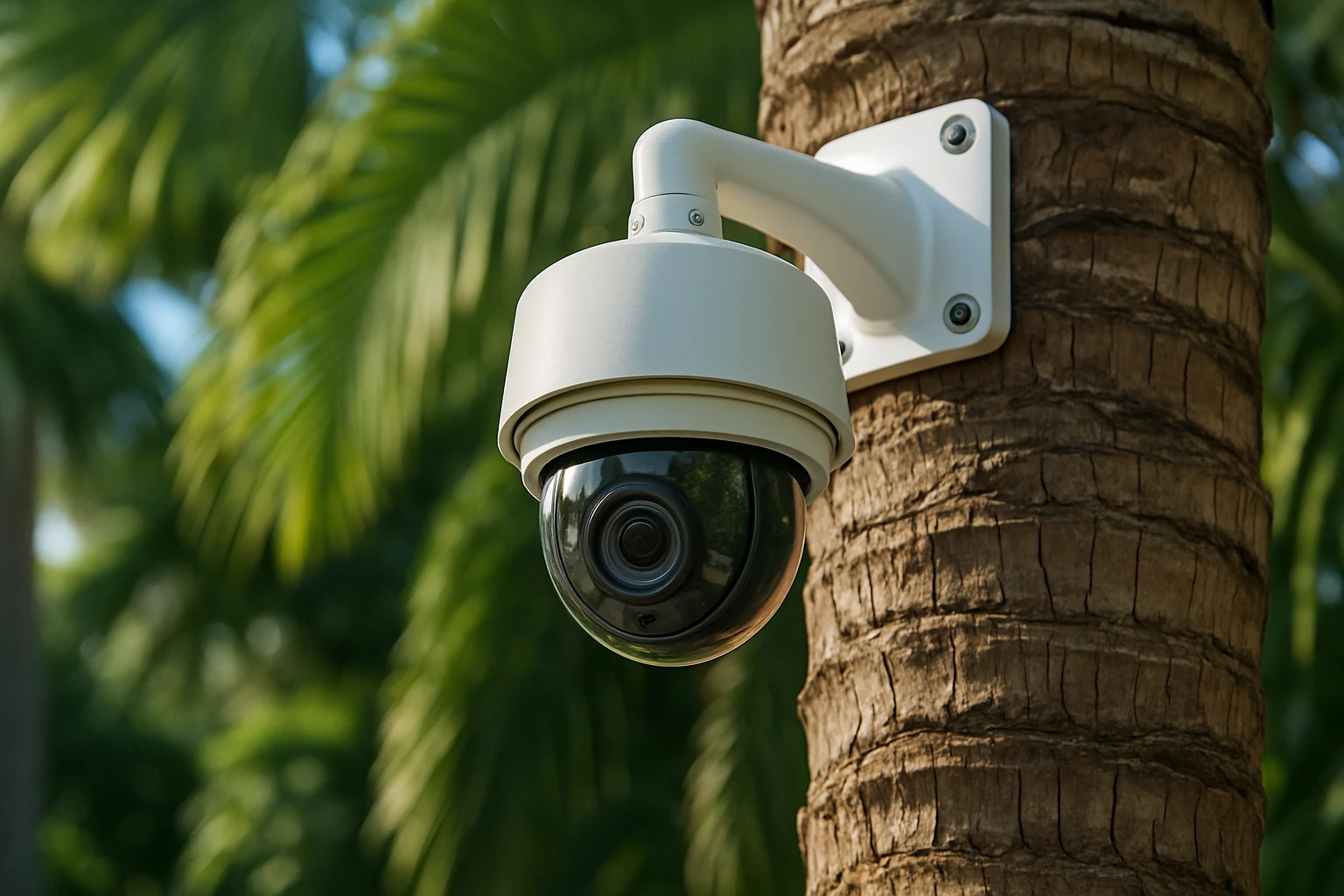 A close-up of a high-resolution surveillance camera mounted on a palm tree, with lush Boca Raton foliage in the background, demonstrating advanced outdoor monitoring technology.