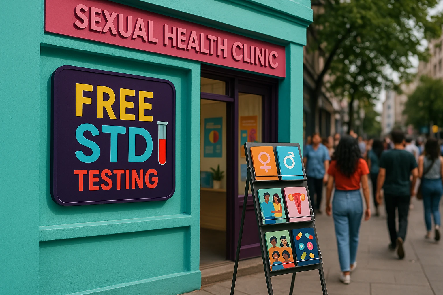 A colorful sexual health clinic exterior featuring a vibrant sign promoting free STD testing, with informational brochures displayed on a stand nearby and a street full of people walking by.